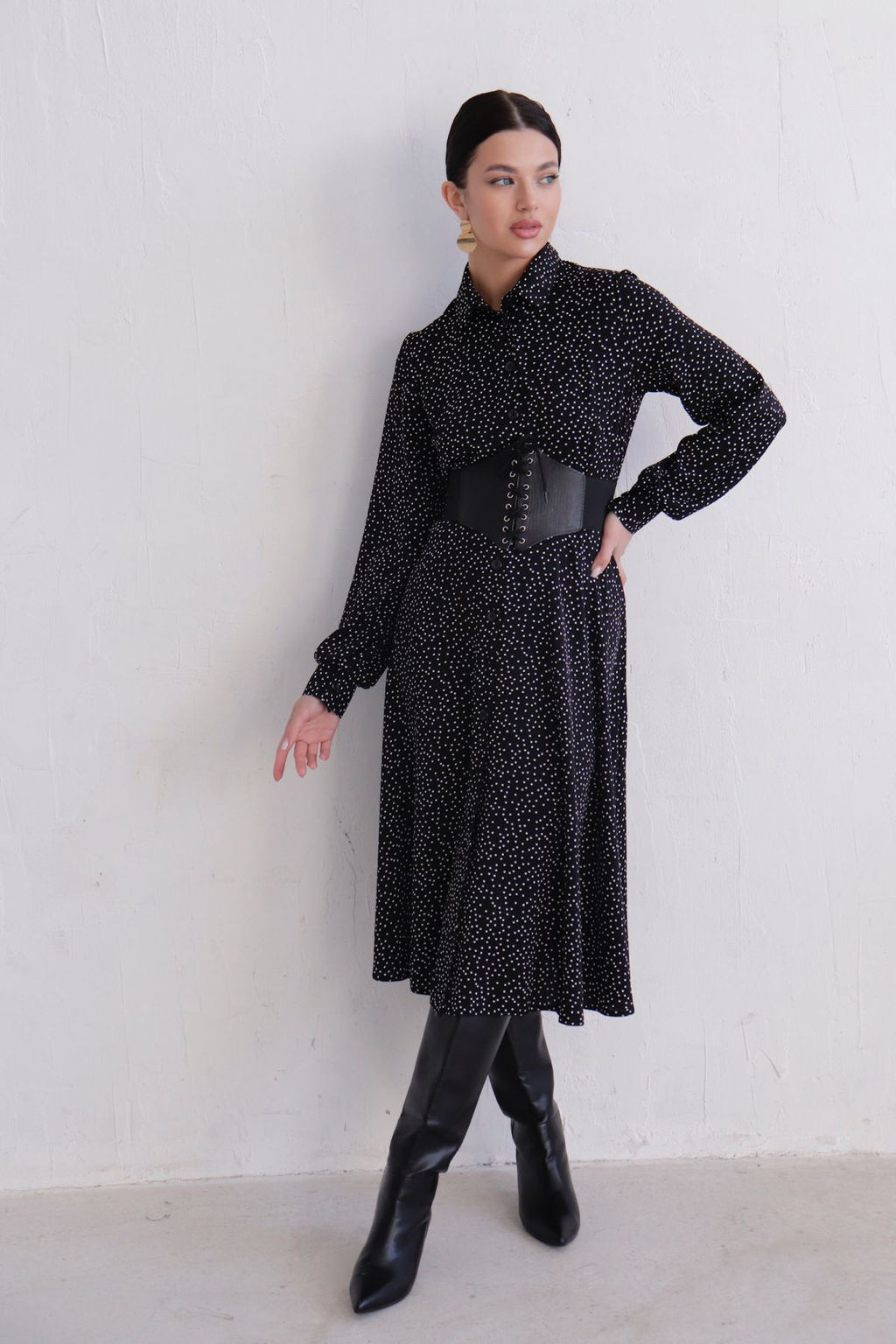11511 Платье-рубашка чёрное в горошек - Martichelli фото 5