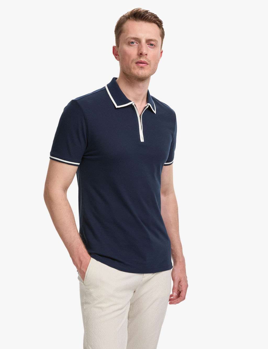 Lacivert Slim Fit %100 Pamuk Fermuarl_ Polo Yaka Ti__rt