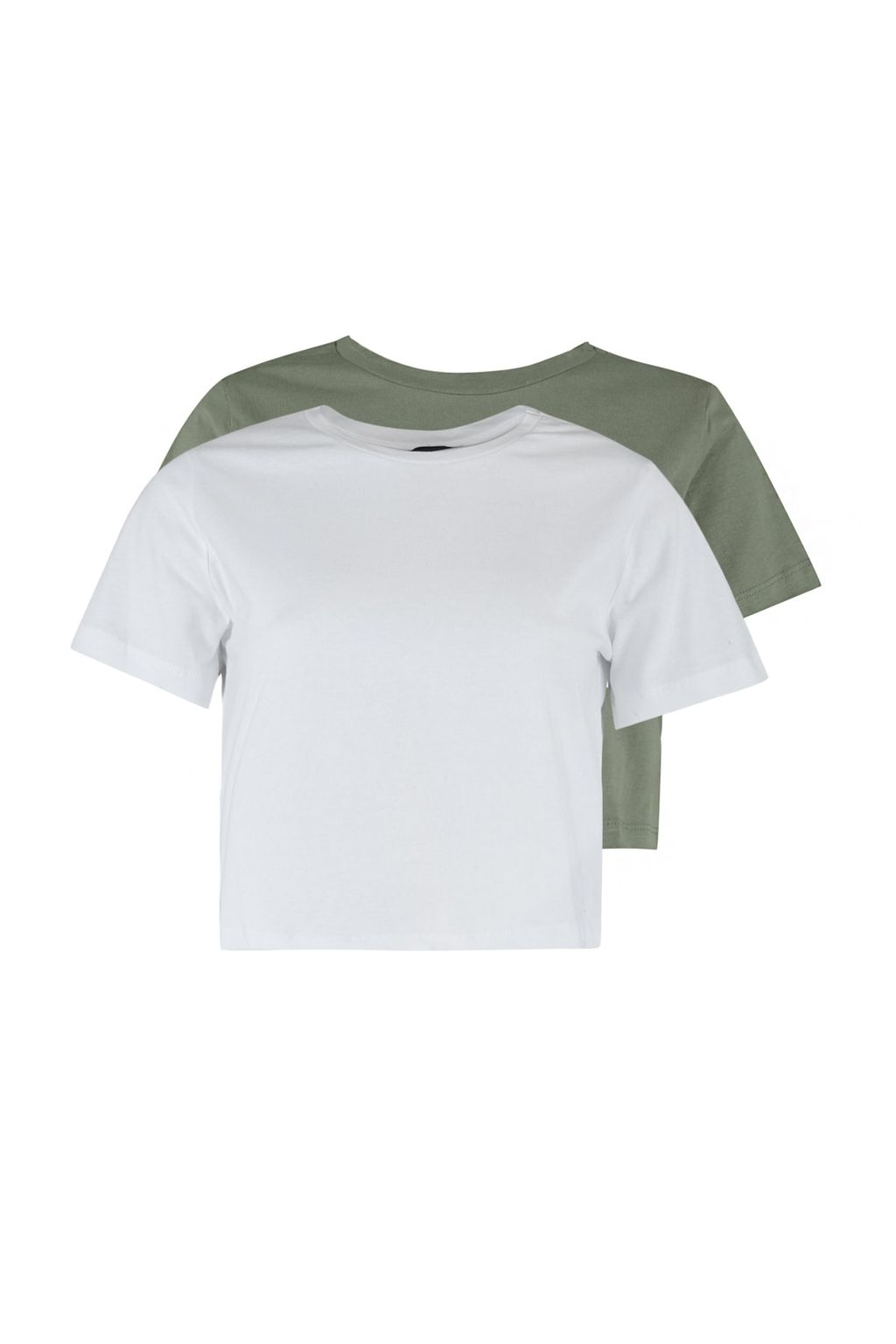 Haki-Beyaz 2li Paket %100 Pamuk Crop Bisiklet Yaka Orme T-Shirt TWOSS20TS1480