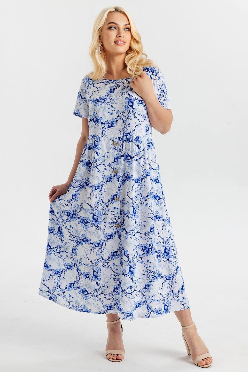 Платье штапель 5915/99/Белый, васильковый