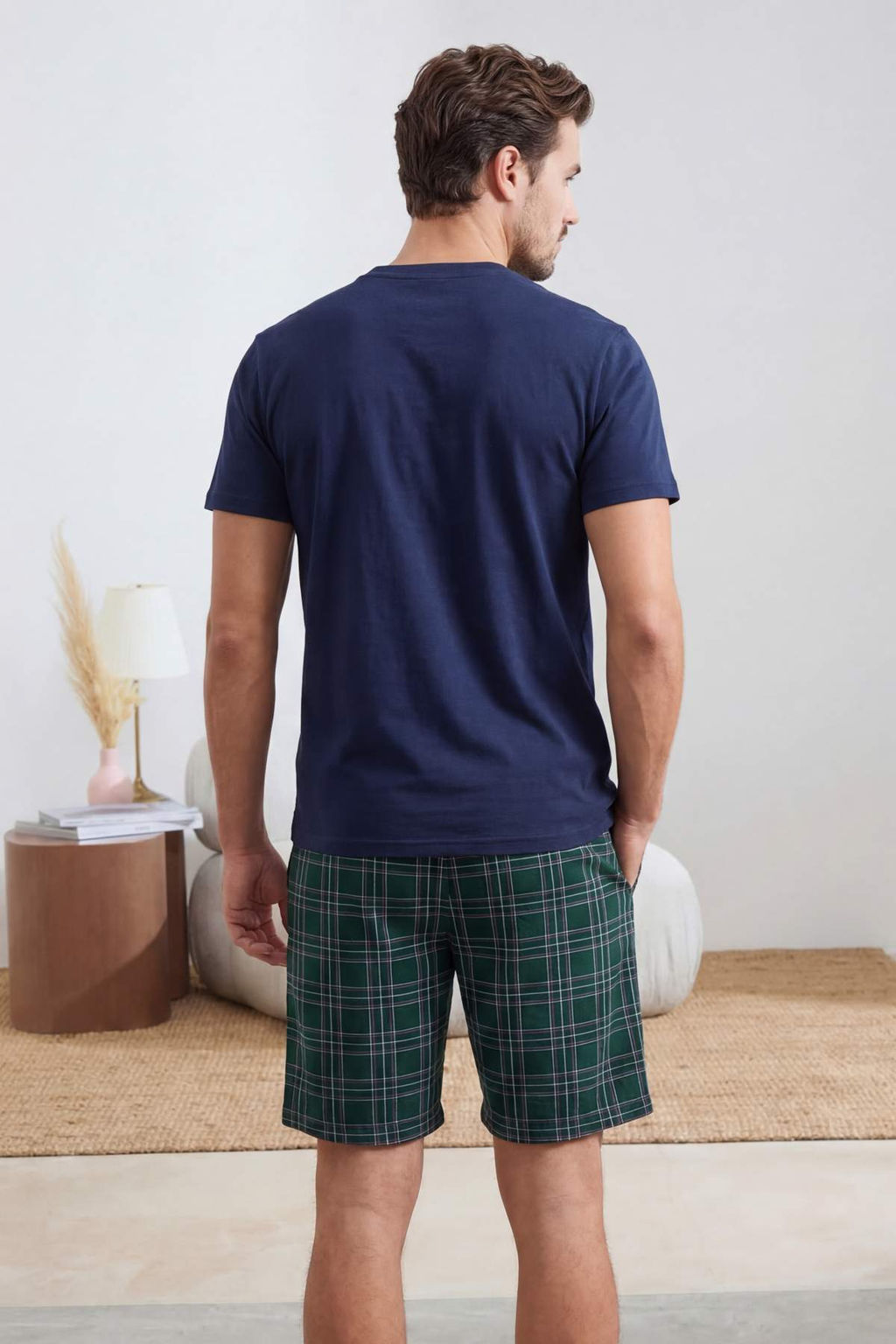 Lacivert Regular Dugmeli Yaka Ekose Pamuklu Pijama Tak?m? TMNSS26PT00012