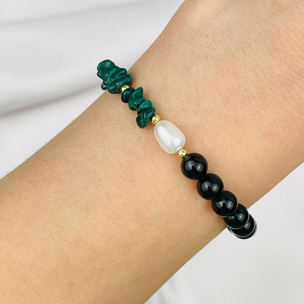 Браслет из черного Турмалина "Шерл",Малахита и Жемчуга 18 см +