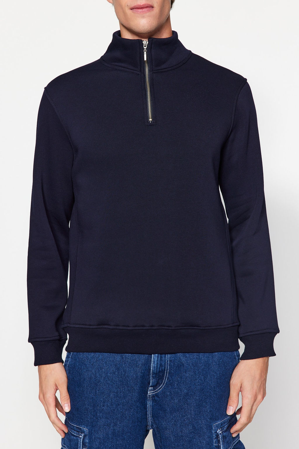 Lacivert Regular/Normal Kesim Dik Yaka Fermuarl? Pamuklu Basic Ici Polarl? Sweatshirt TMNAW24SW00041