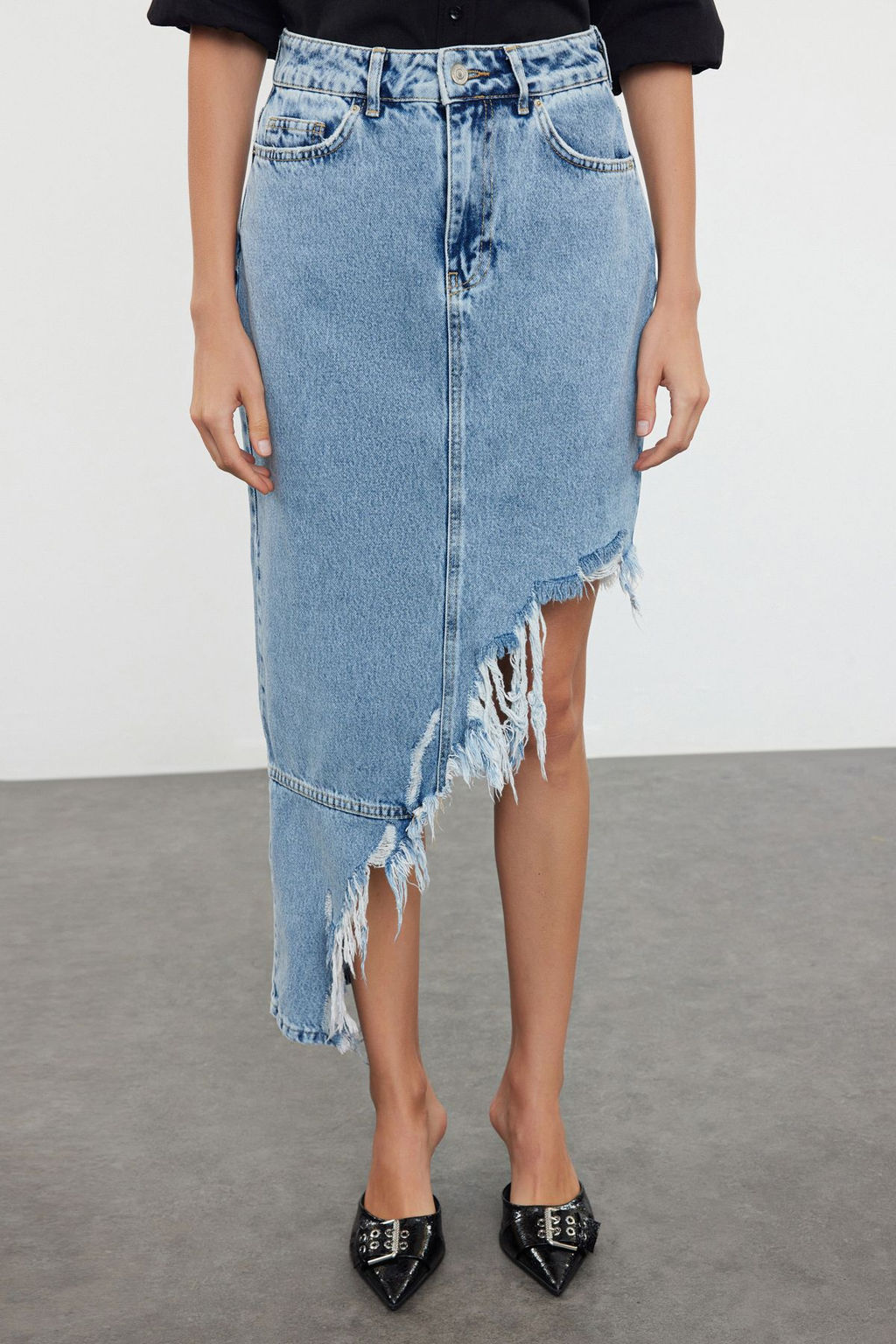 Mavi Puskullu Asimetrik Midi Denim Etek TWOAW22ET0140 - Trendyolmilla фото 3