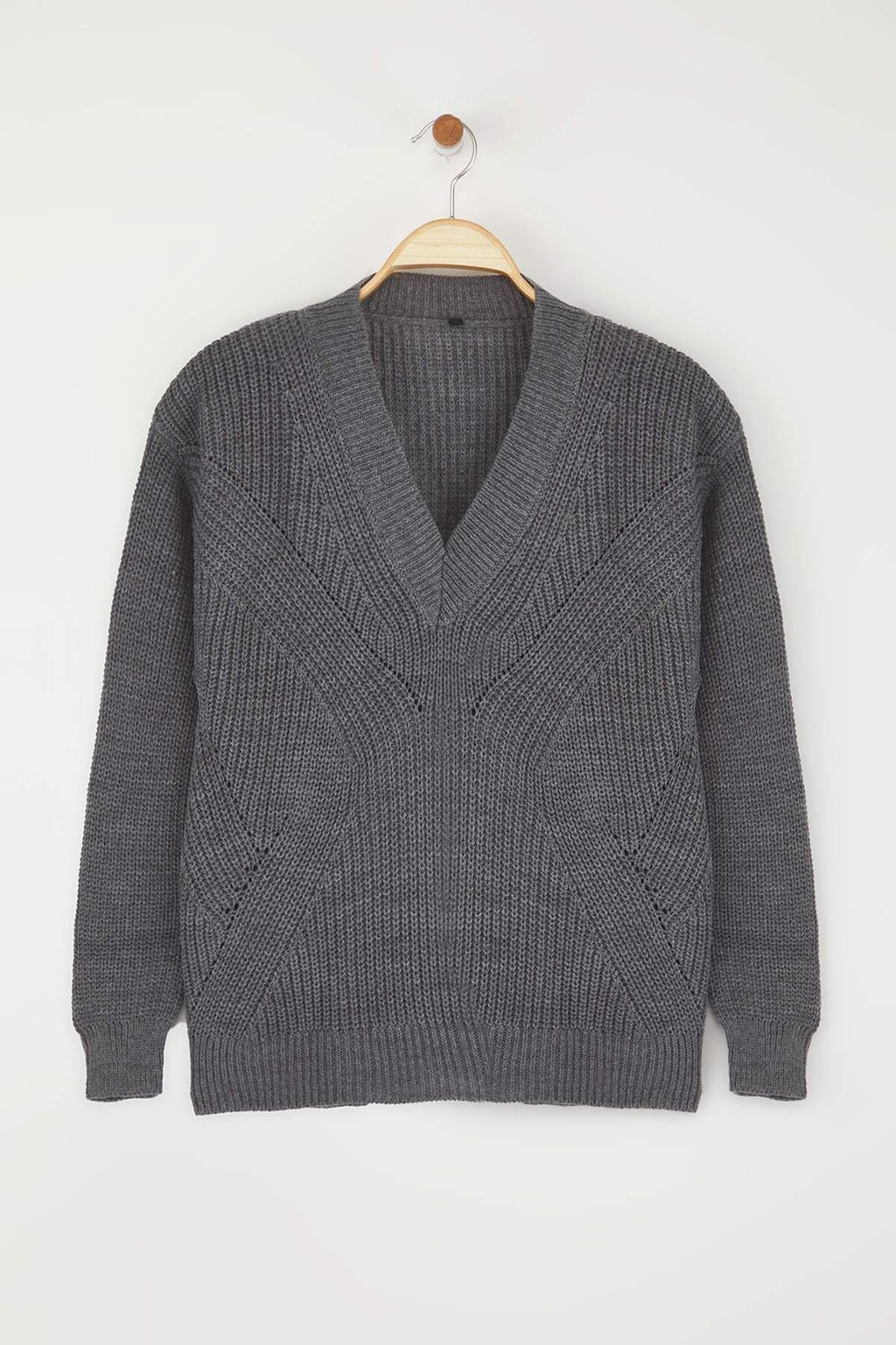 Bordo Ajurlu/Delikli V Yaka Triko Kazak TWOAW21KZ0690 - Trendyolmilla фото 14