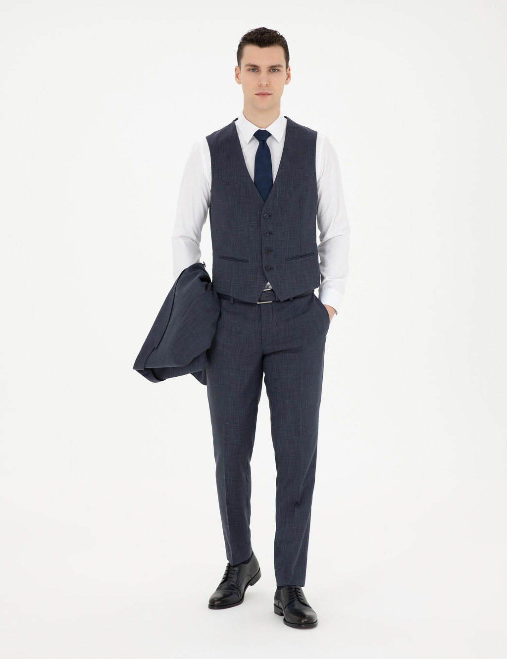 Lacivert Ekstra Slim Fit Yelekli Tak_m Elbise
