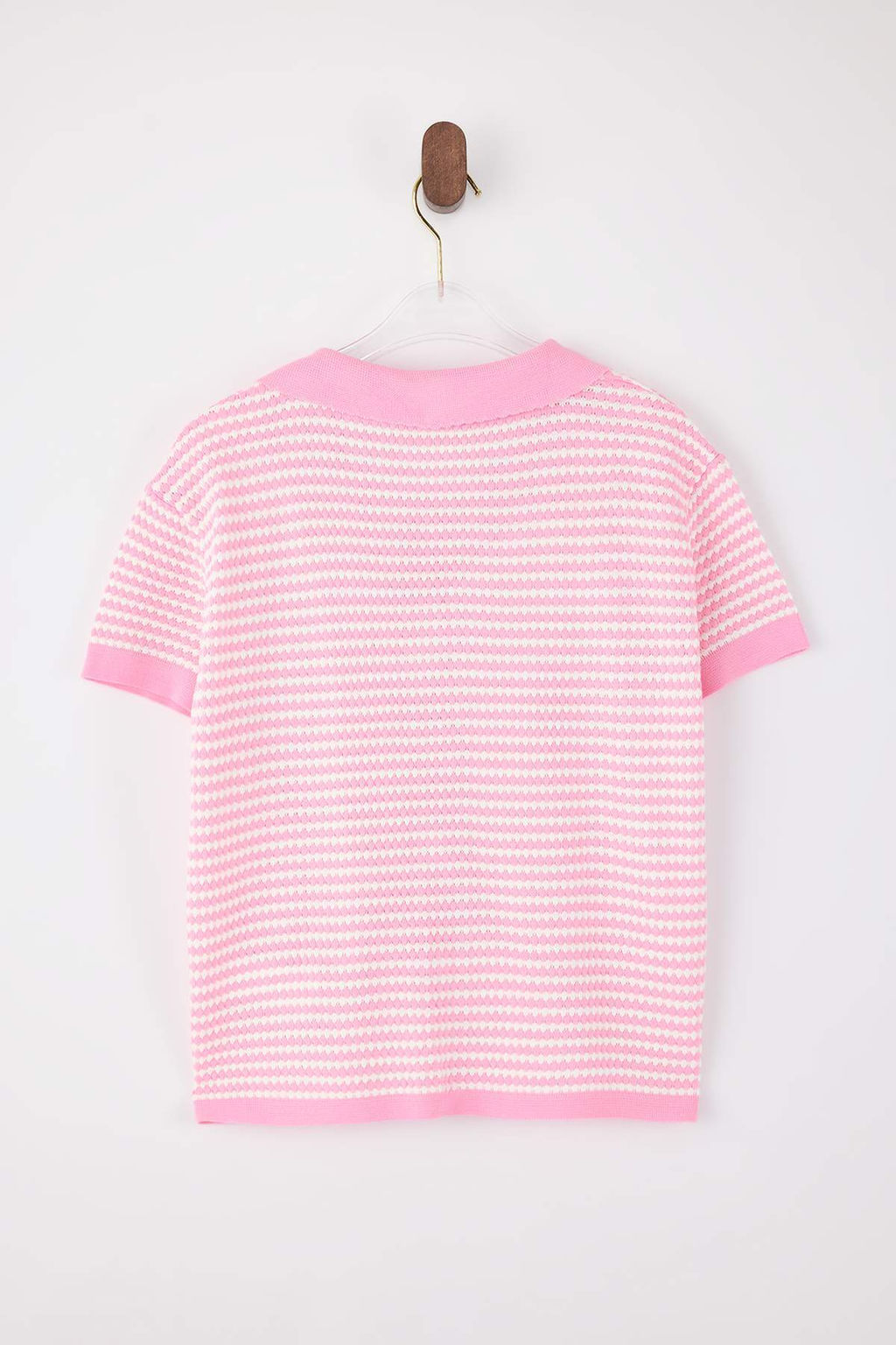 Pembe Polo Yaka Cizgili Triko Orta Bluz TWOSS25BZ00183