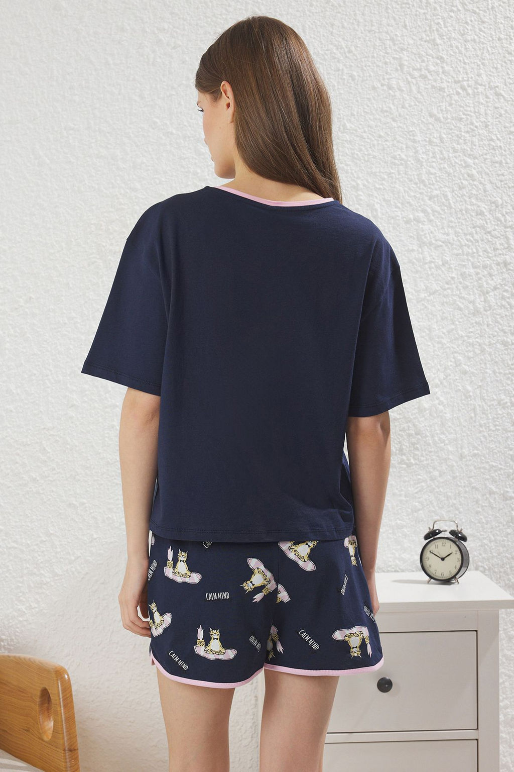 Trendyolmilla Kad?n Couple/Cift Lacivert %100 Pamuklu Kedili Sloganl? Sortlu Orme Pijama Tak?m? THMSS25PT00345  фото 5