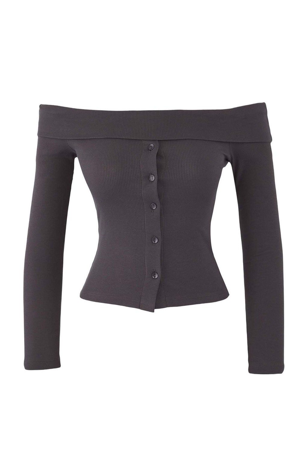 Teen Antrasit Fitted/Vucuda oturan Carmen Yaka Dugmeli Fitilli Esnek Orme Bluz TWOAW26BZ00076