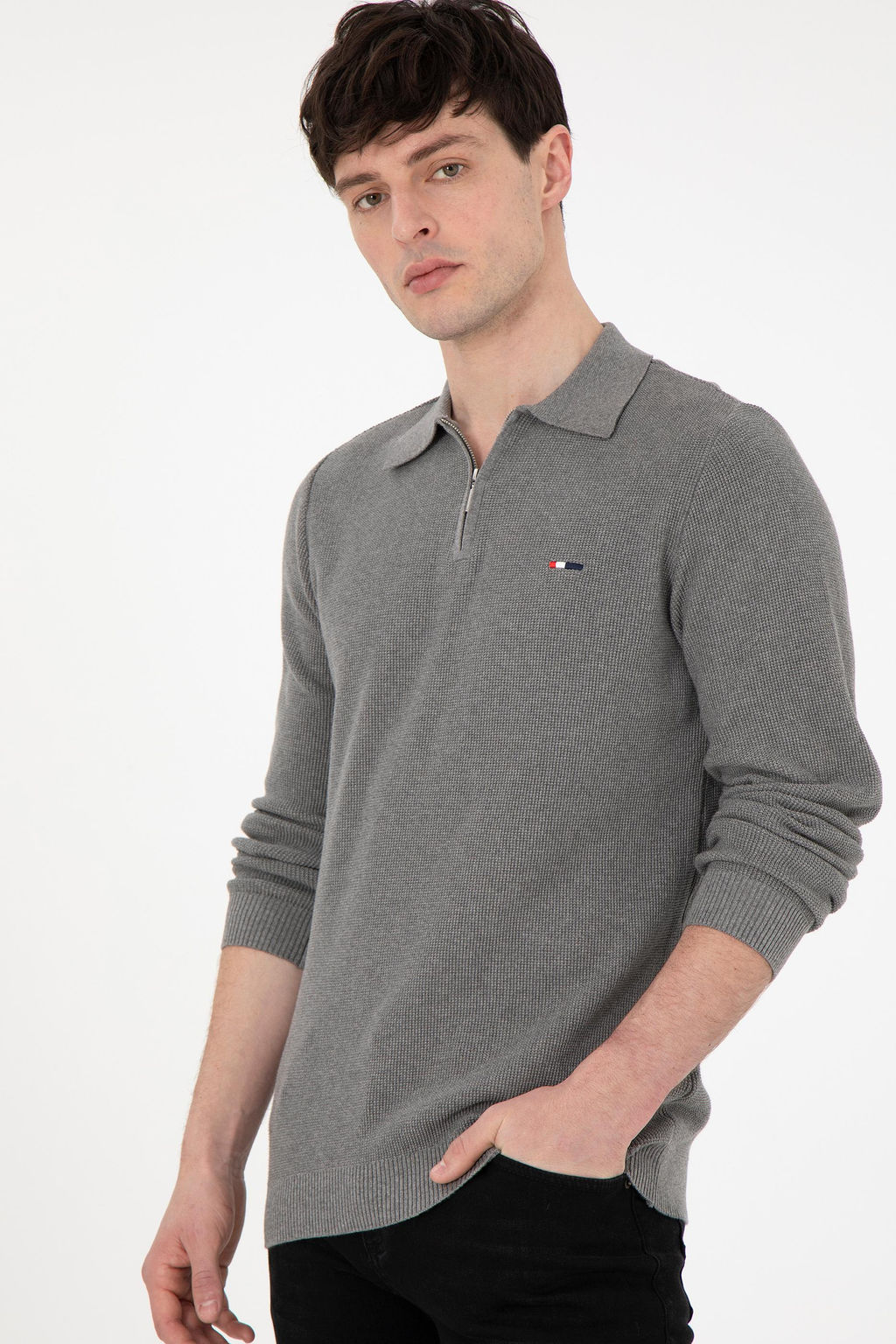 Erkek Regular Fit Yar_m Fermuarl_ Gri Melanj Basic Kazak - U.s. polo assn фото 3