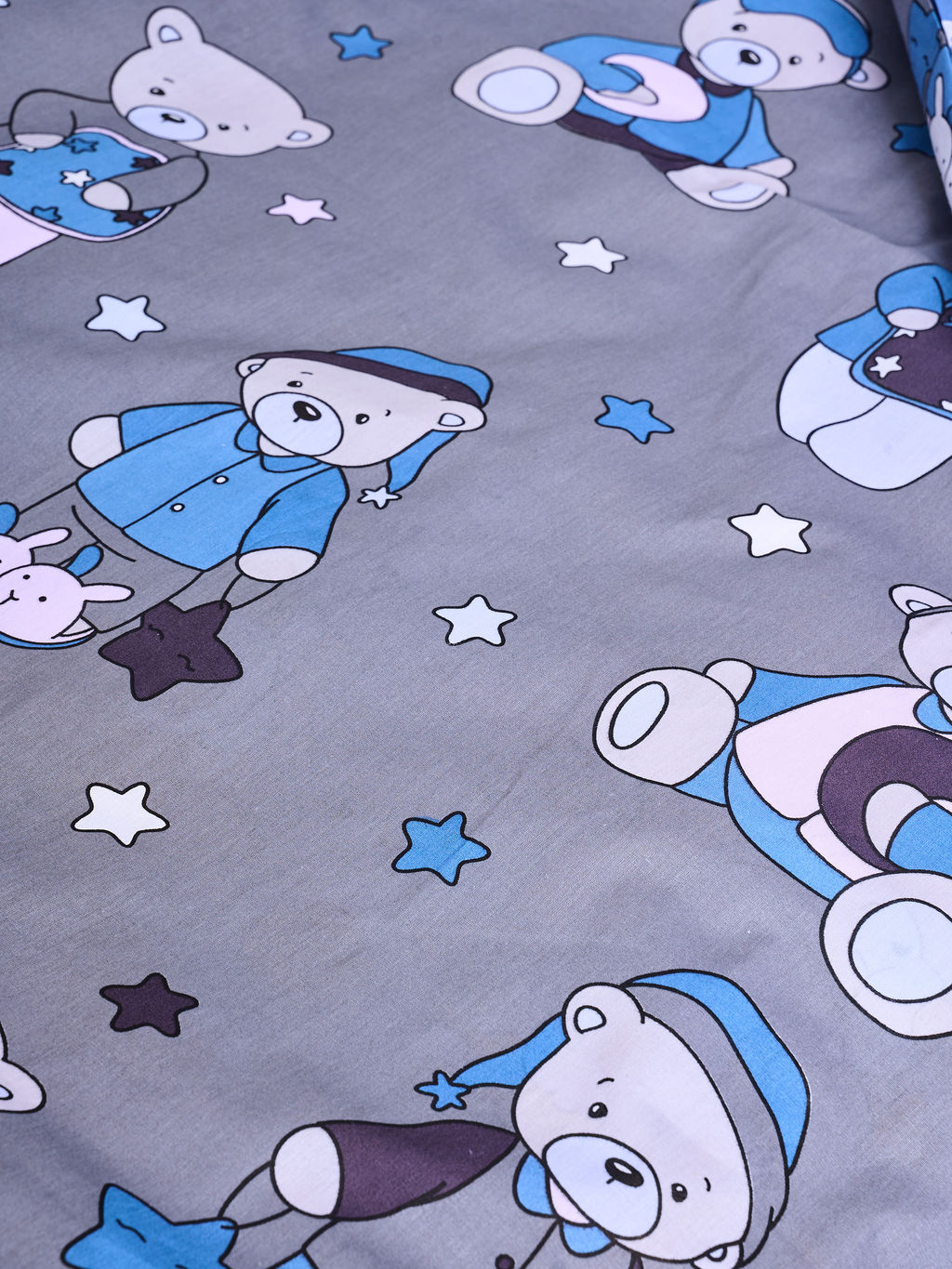 Постельное белье детское поплин с простыней на резинке - Мишки, цвет синий 145*112; 80*160*20; 40*60