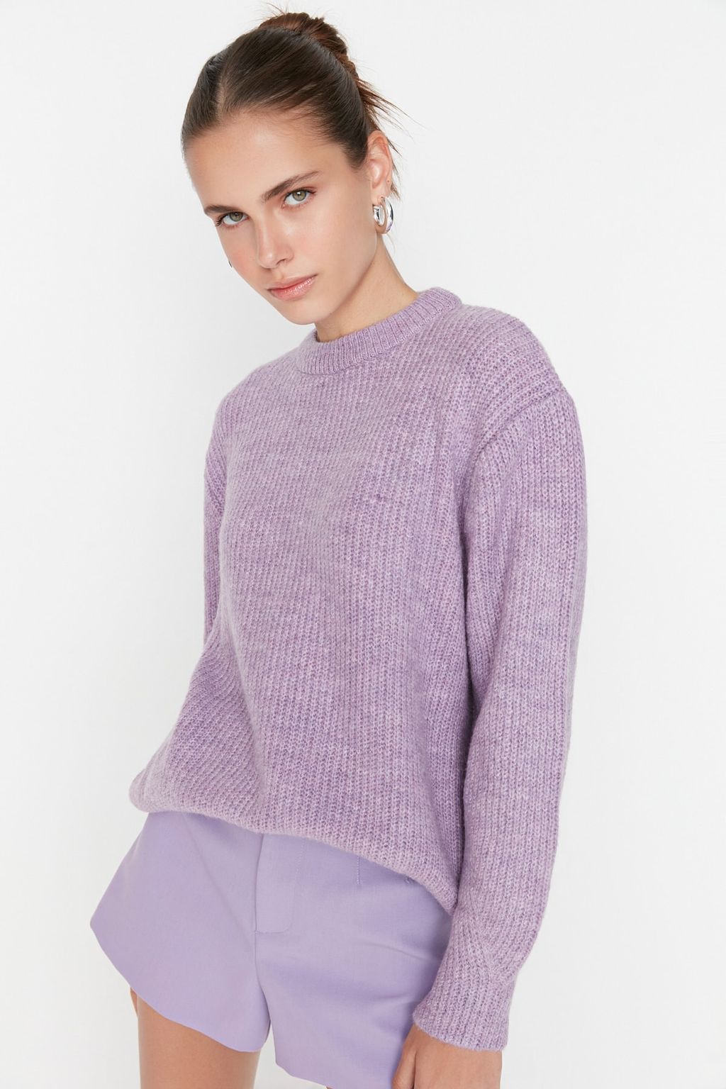 Lila Genis Kal?p Yumusak Dokulu Basic Triko Kazak TWOAW20FV0142