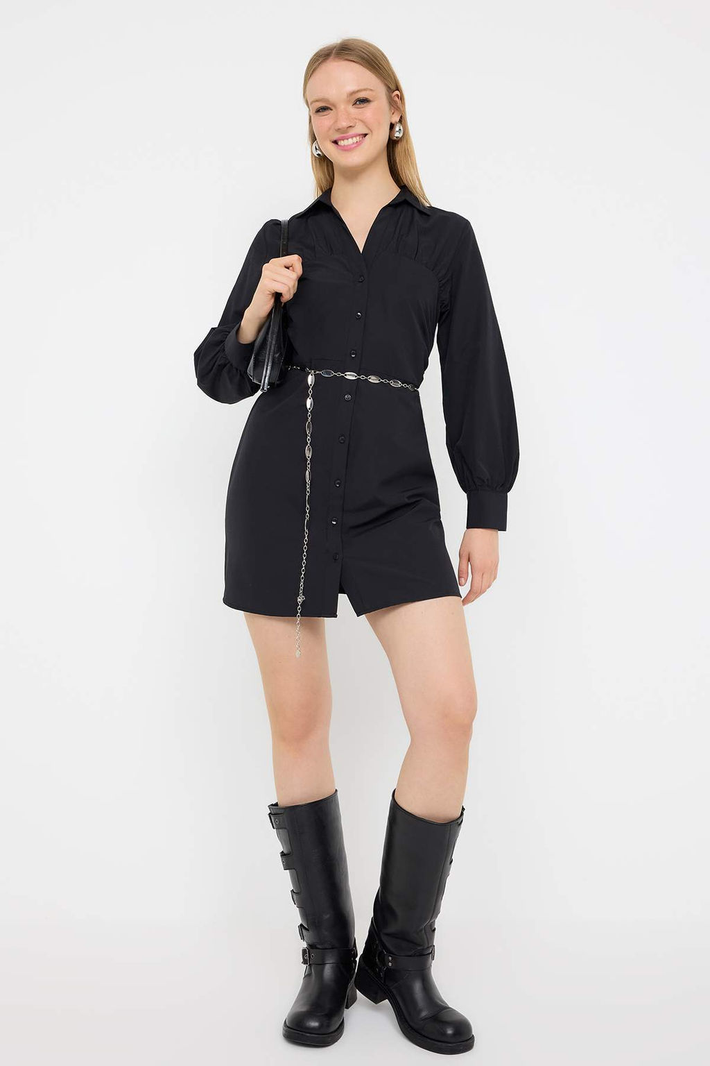 Siyah Buzgu Detayl? K?sa / Mini Dokuma Gomlek Elbise TWOAW26EL00188