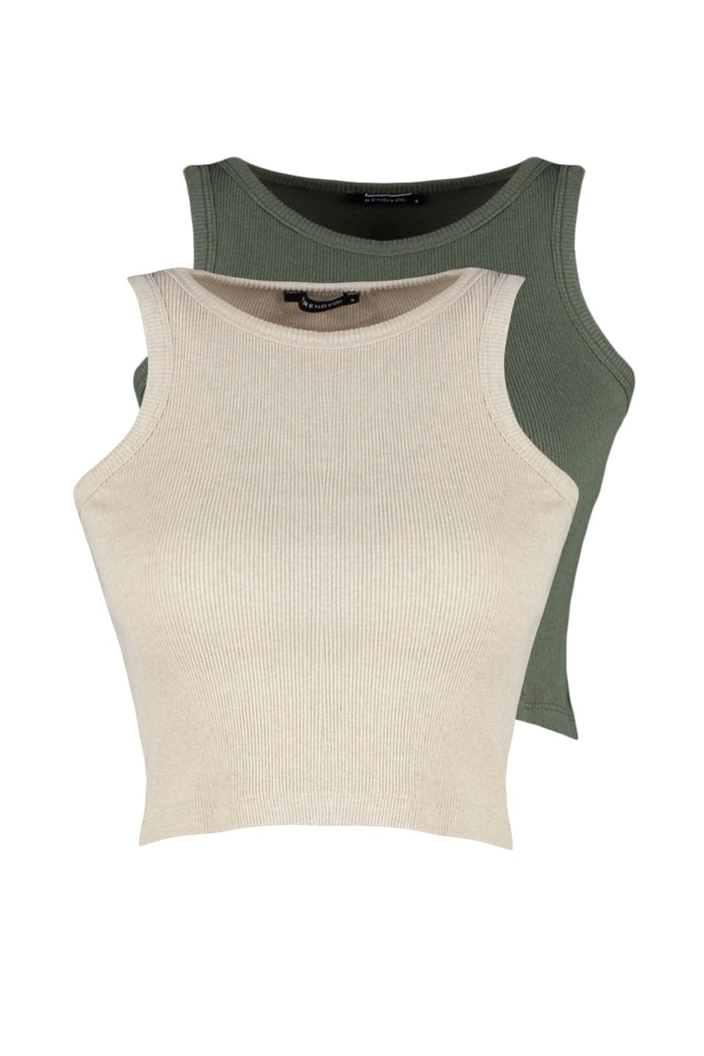 Haki-Bej 2li Paket Fitted/Vucuda Oturan Crop Halter Yaka Fitilli Esnek Orme Atlet TWOSS21AL0058