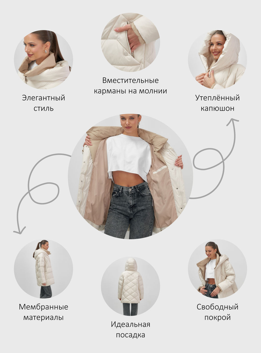 Куртка женская зимняя с капюшоном большого размера бежевого цвета 1170B - Mtforce фото 21