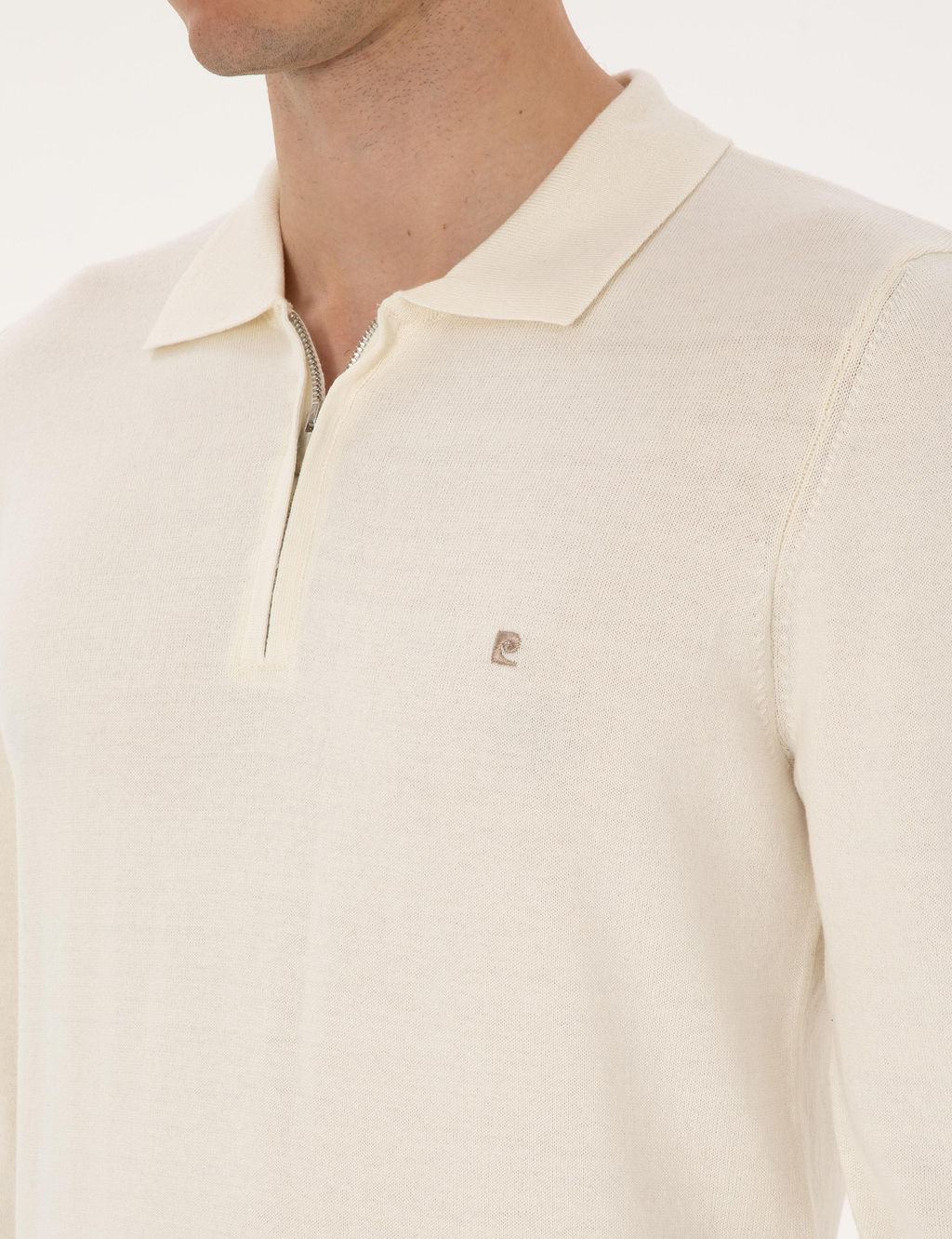 Ekru Slim Fit Polo Yaka Fermuarl_ Basic Triko Kazak - Pierre cardin фото 7