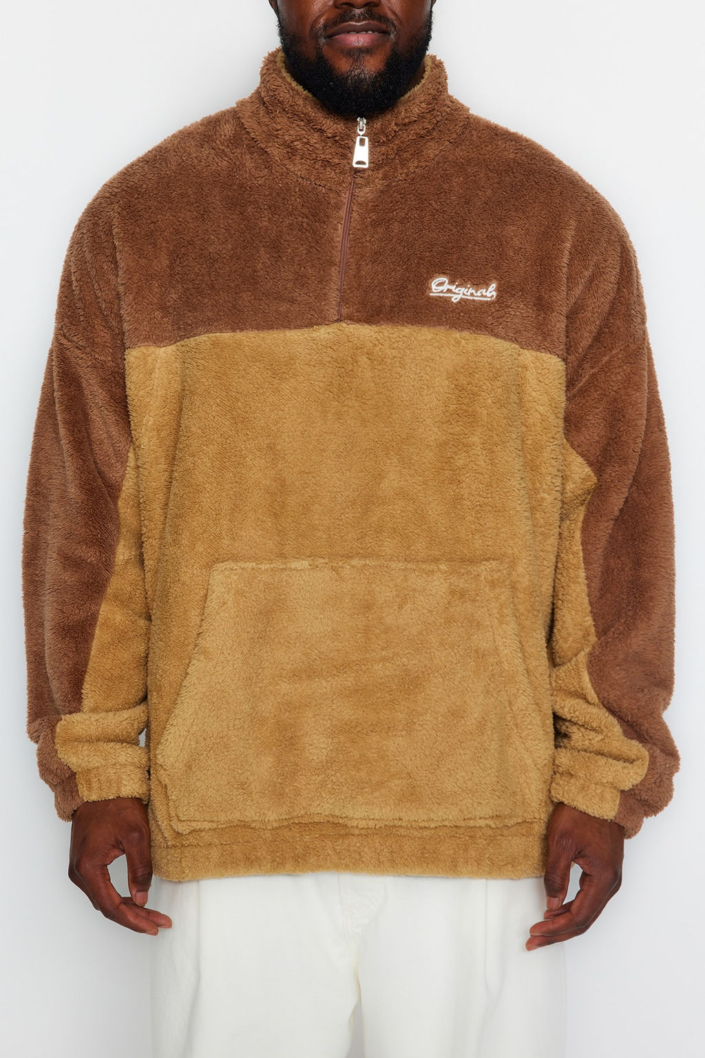 Camel Unisex Buyuk Beden Oversize/Genis Kesim Renk Bloklu Nak?sl? Pelus Sweatshirt TMNAW24AO00015 - Trendyolmilla фото 5