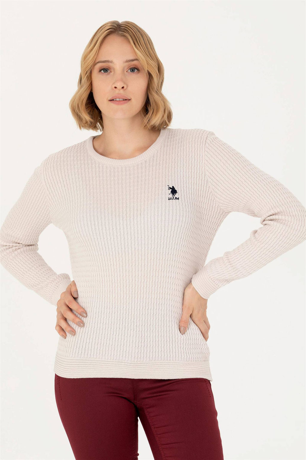 Женский базовый свитер кремового цвета с круглым вырезом - U.s. polo assn фото 3