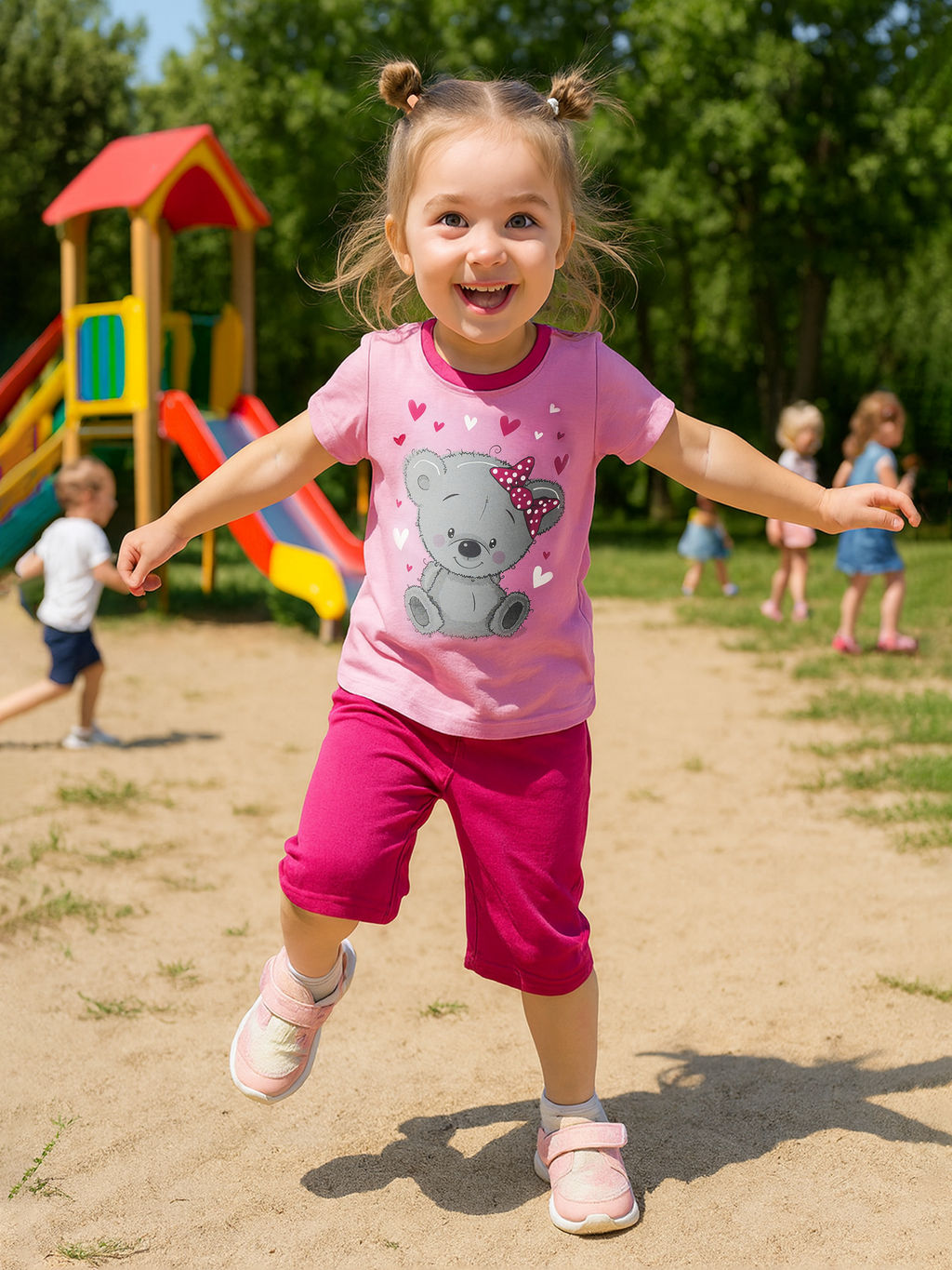 Костюм детский розовый/темная малина принт мишка 7057п (80, 52)