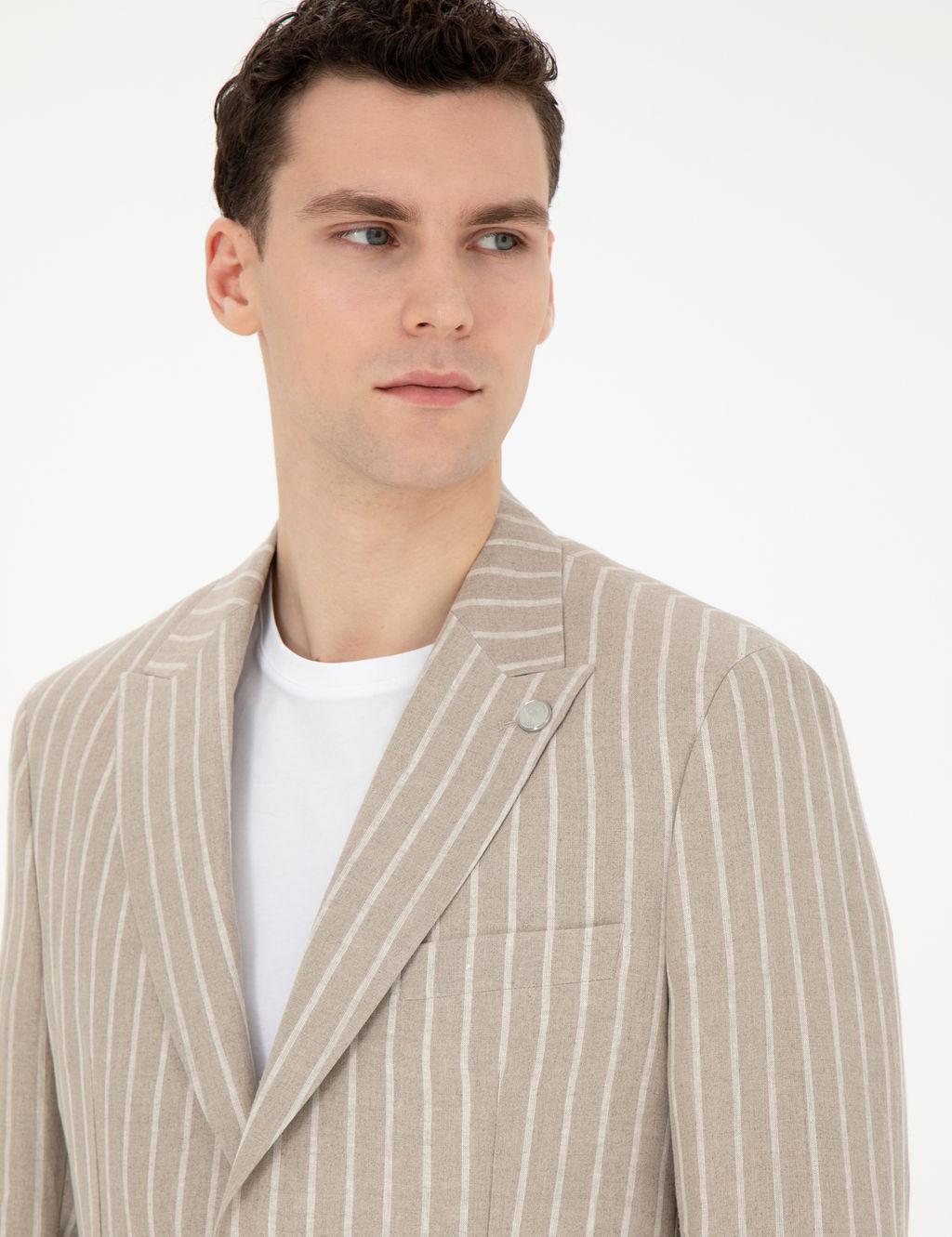 A__k Kahverengi Slim Fit Keten _izgili Ceket