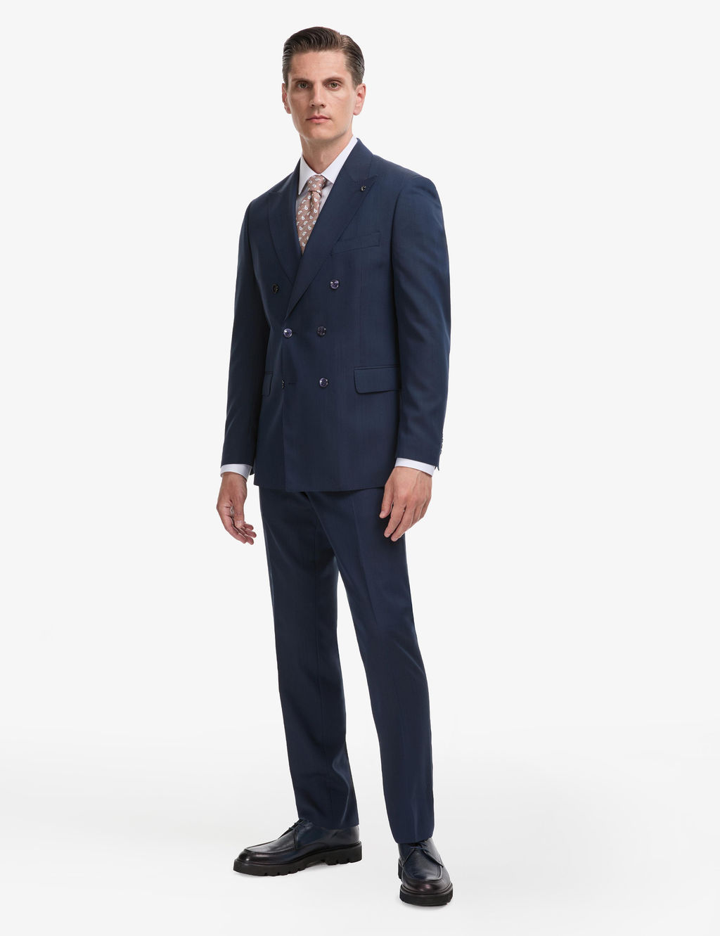Lacivert Slim Fit Y_n _pek Kar___ml_ K_rlang__ Yaka Kruvaze Tak_m Elbise