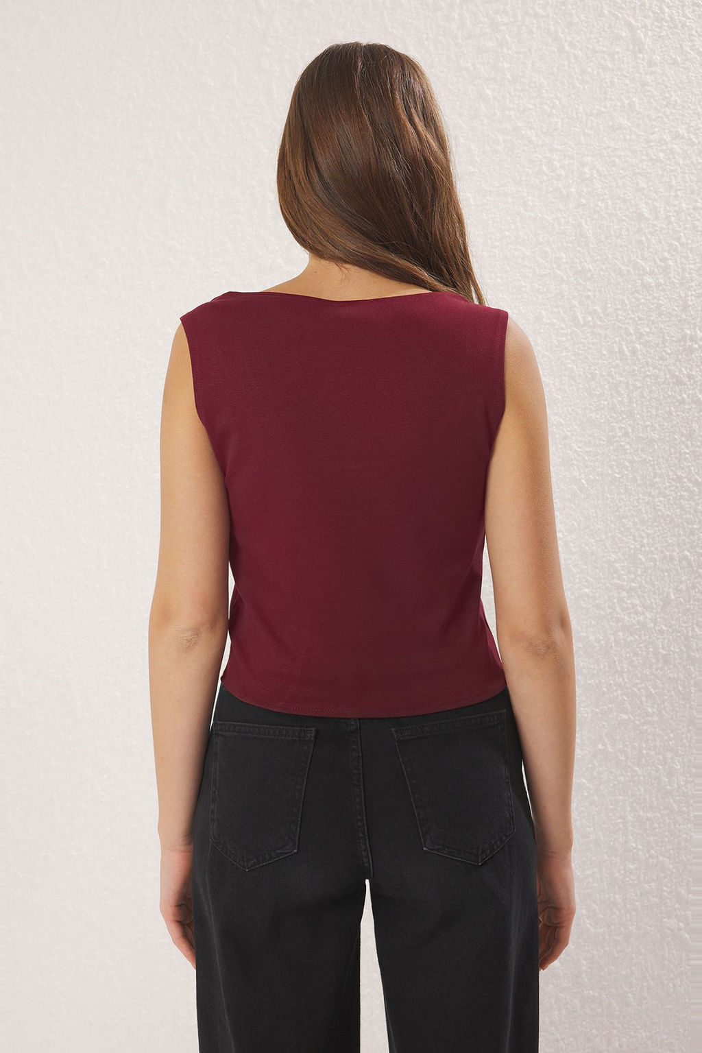 Trendyolmilla Gri Cizgili Kurdele Baglama Detayl? Vucuda Oturan Kare Yaka S?f?r Kol Orme Bluz TWOSS25BZ00147  фото 4