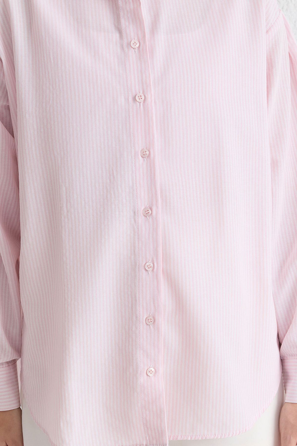 Ac?k Pembe Basic Cizgili Oversize Genis Kal?p Dokuma Gomlek TWOSS23GO00144