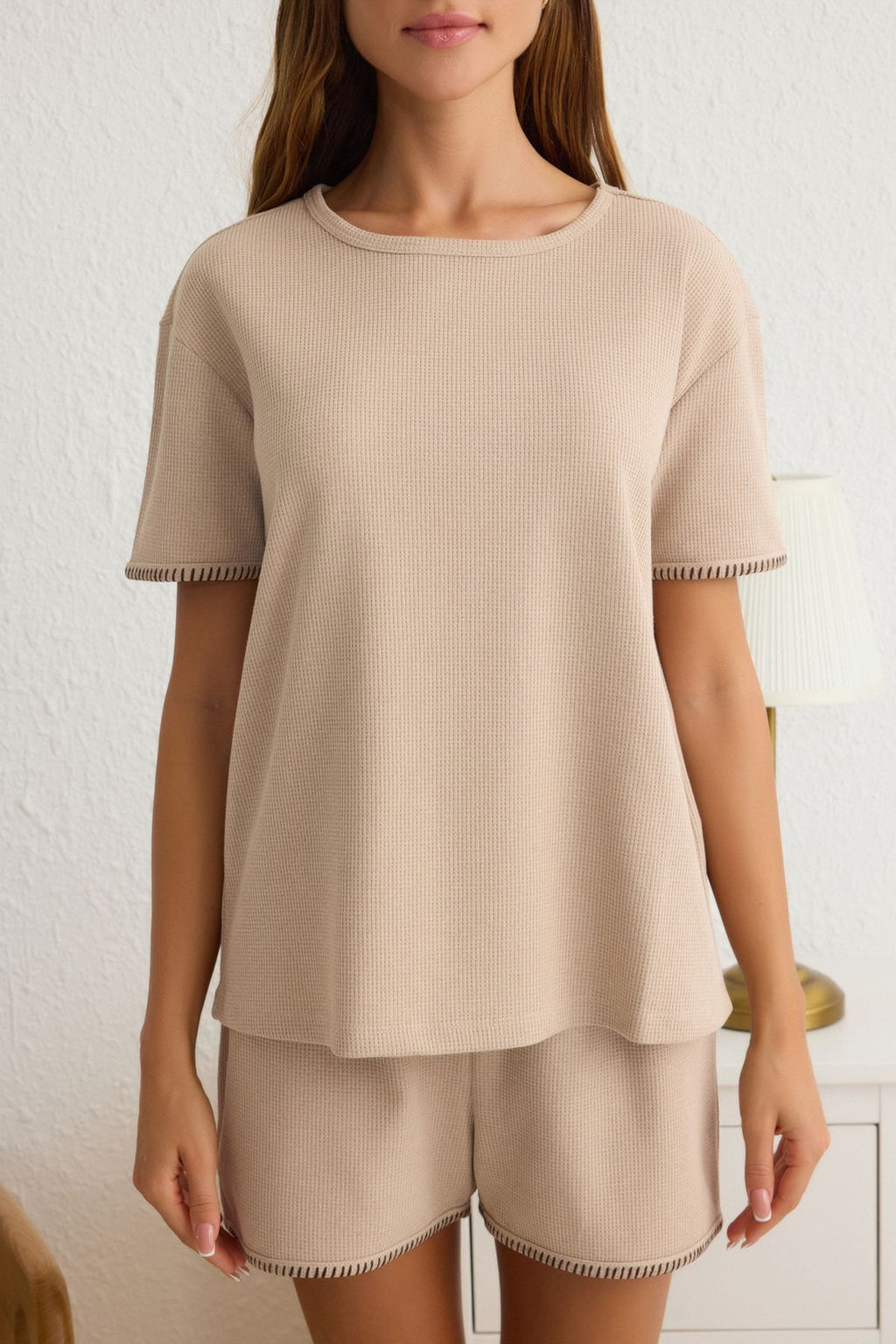 Trendyolmilla Bej Karyoka Dikis Detayl? Waffle Kumas Sortlu Orme Pijama Tak?m? THMSS25PT00157  фото 3