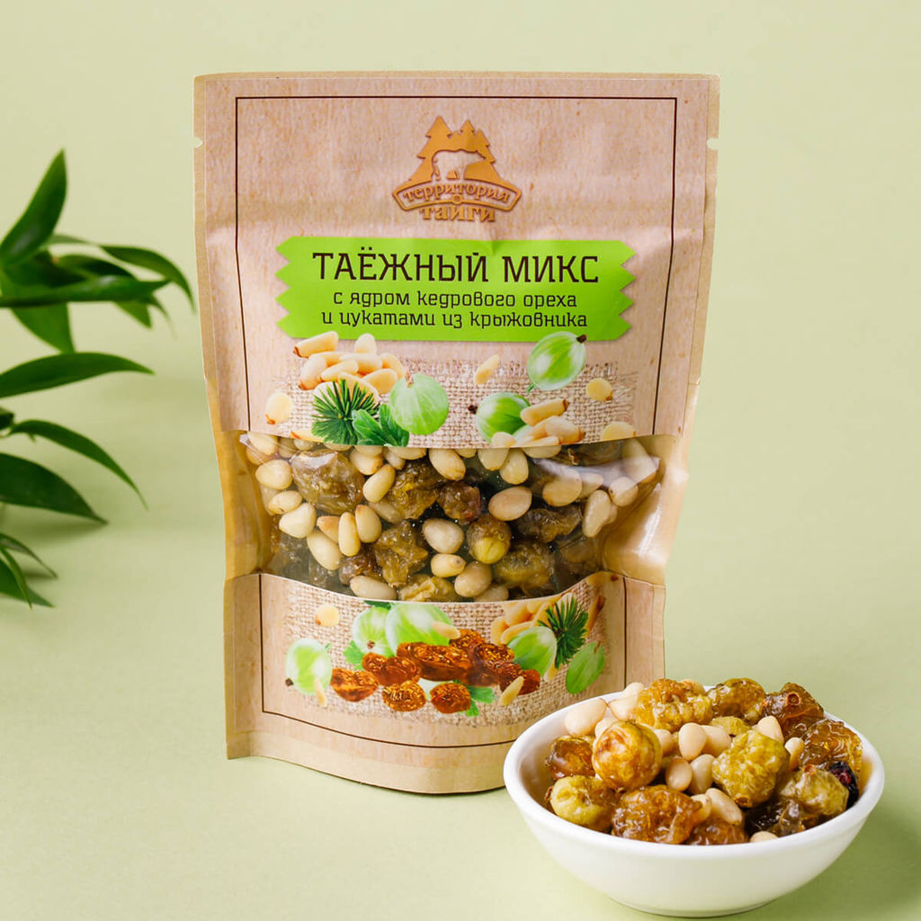 Таежный микс с крыжовником (крыжовник вяленый, ядро кедрового ореха) крафт-пакет 100 г