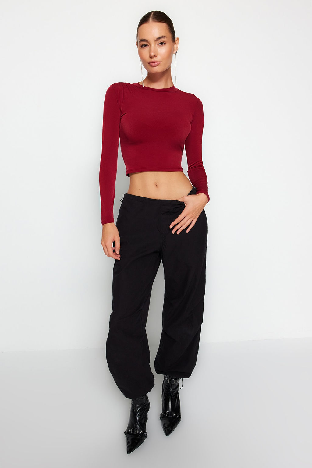 Bordo Dik Yaka Fitted/Vucuda Oturan Uzun Kol Buzgulu Esnek Orme Bluz TWOAW23EL01391