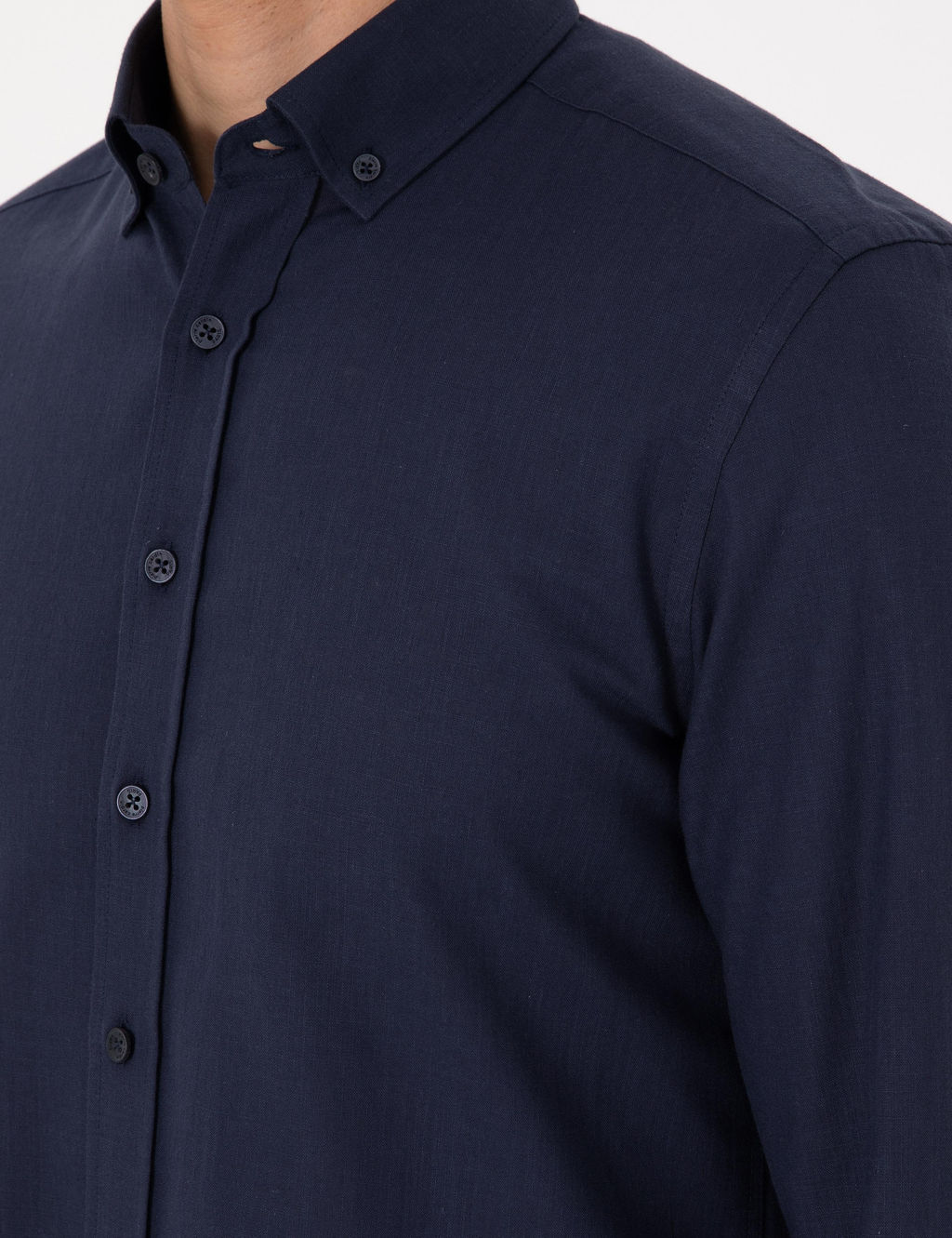 Koyu Lacivert Keten G_r_n_ml_ Slim Fit Uzun Kollu G_mlek