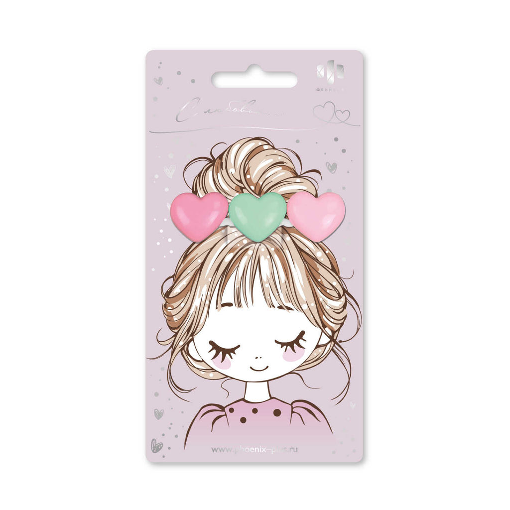 Заколка для волос зажим, арт. 71773 / 10 СЕРДЕЧКИ (в наборе: 1шт., 6,5 см, черный металл, полиэфирная смола, цвет: розовый, светло-зелёный, светло-розовый, подложка из мелованного картона + ПЭТ-пакет с европодвесом)