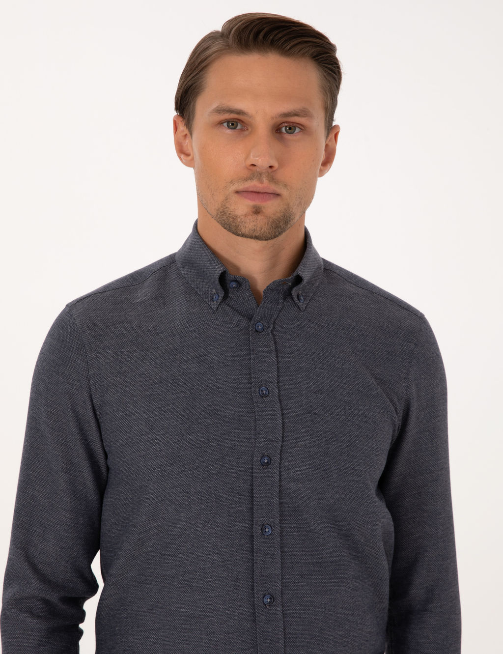 Lacivert Slim Fit Dokulu Uzun Kollu G_mlek
