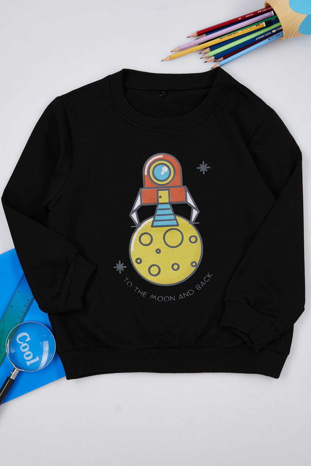 Siyah Erkek Cocuk Mevsimlik-Ince Uzay Desenli Bisiklet Yaka Orme Sweatshirt TKDAW25SW00005
