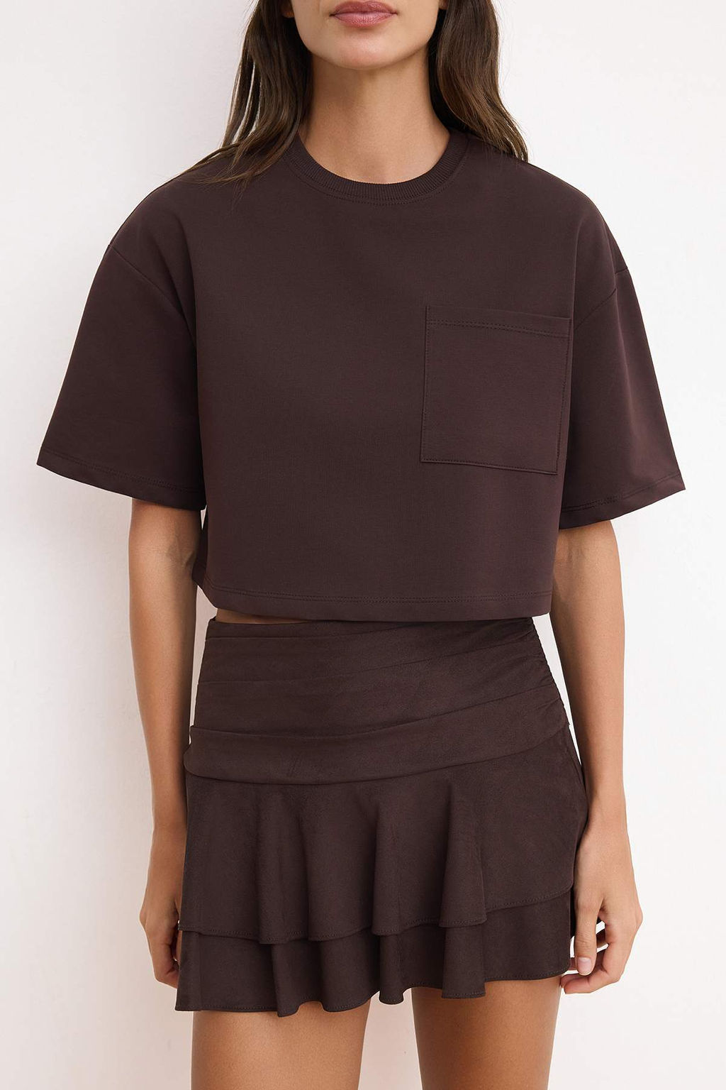 Kahverengi Boxy Dusuk Kol K?sa Kollu %100 Pamuk Orme T-Shirt TWOSS26TS00185 - Trendyolmilla фото 3