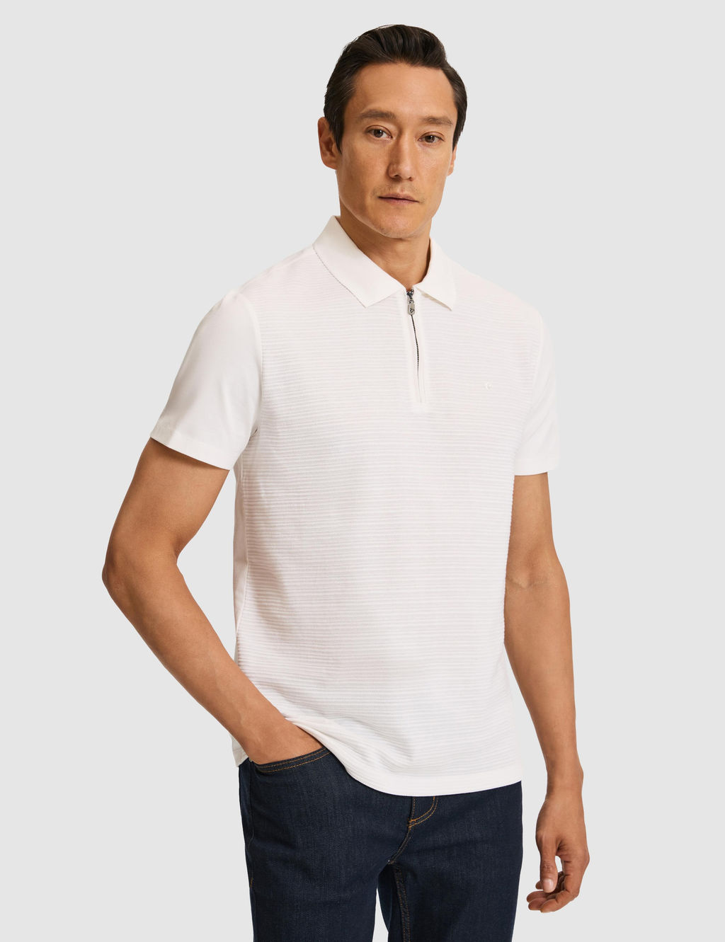 Ekru Slim Fit Saf Pamuk Fermuarl_ Polo Yaka T-shirt