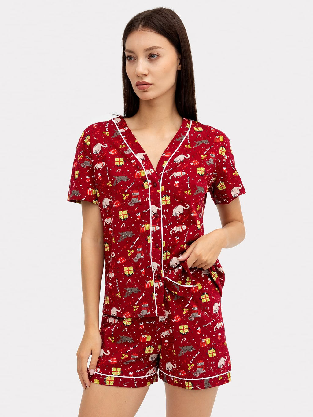 Комплект женский (жакет, шорты) вишнево-красный с котиками - Mark formelle фото 2