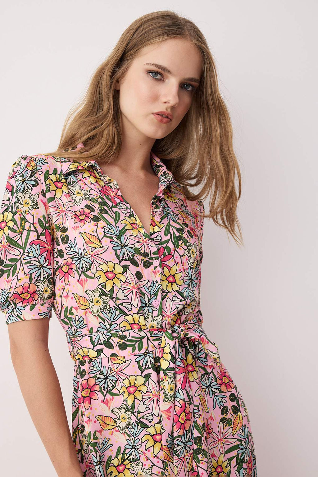 Lila Cicek Desenli Kusakl? Midi Dokuma Viskon Gomlek Elbise TWOSS20EL1559