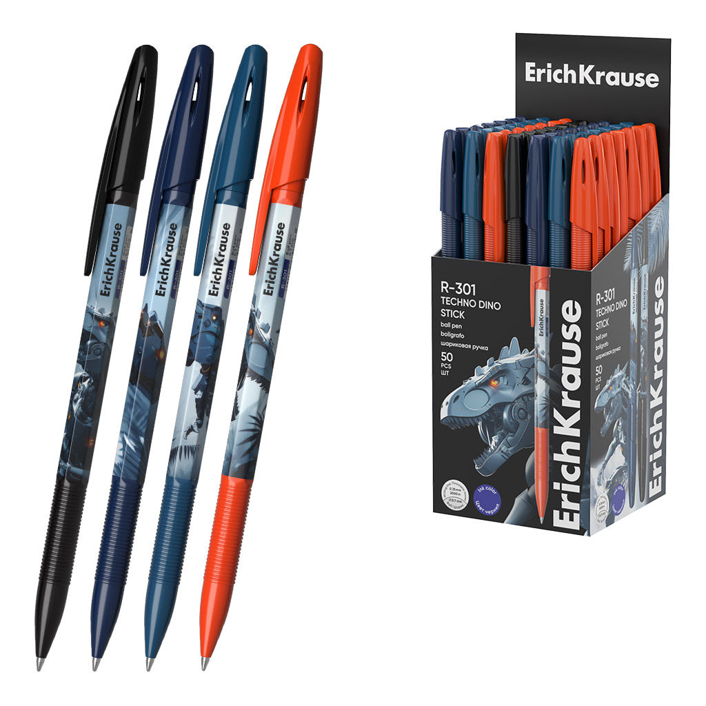 Цена за 50 шт. Ручка шариковая ErichKrause R-301 Stick Techno Dino 0.7, цвет чернил синий (в коробке по 50 шт.)
