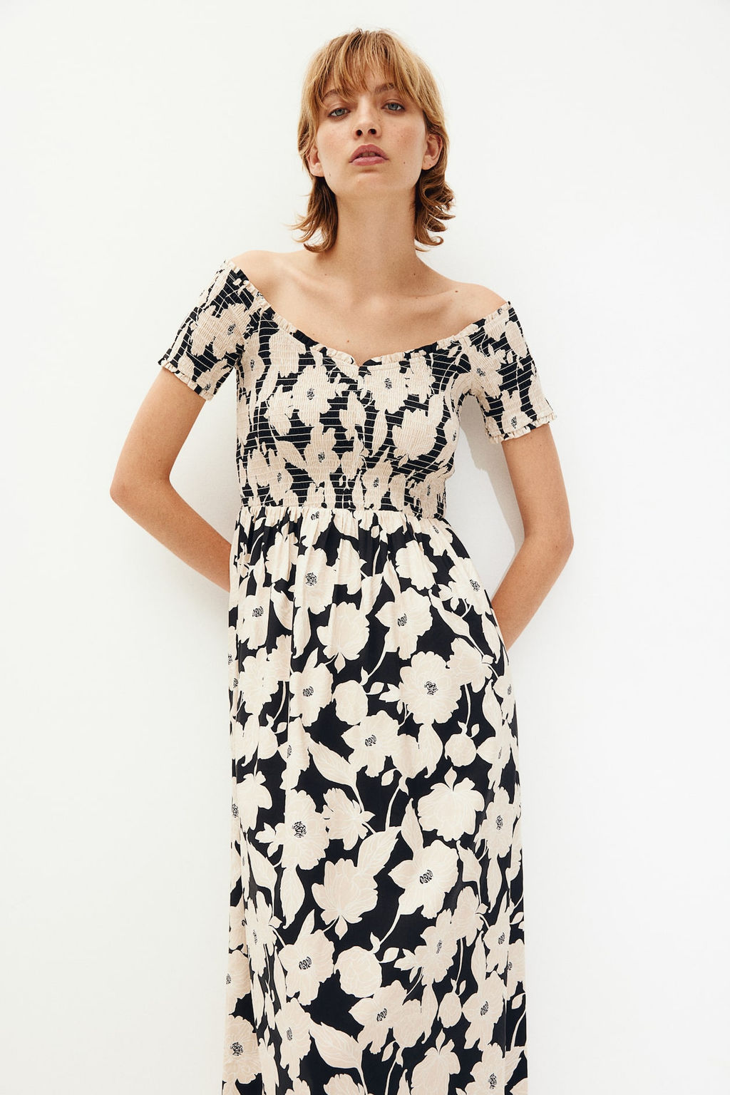Vestido off-the-shoulder con cuerpo nido de abeja - H&m фото 3