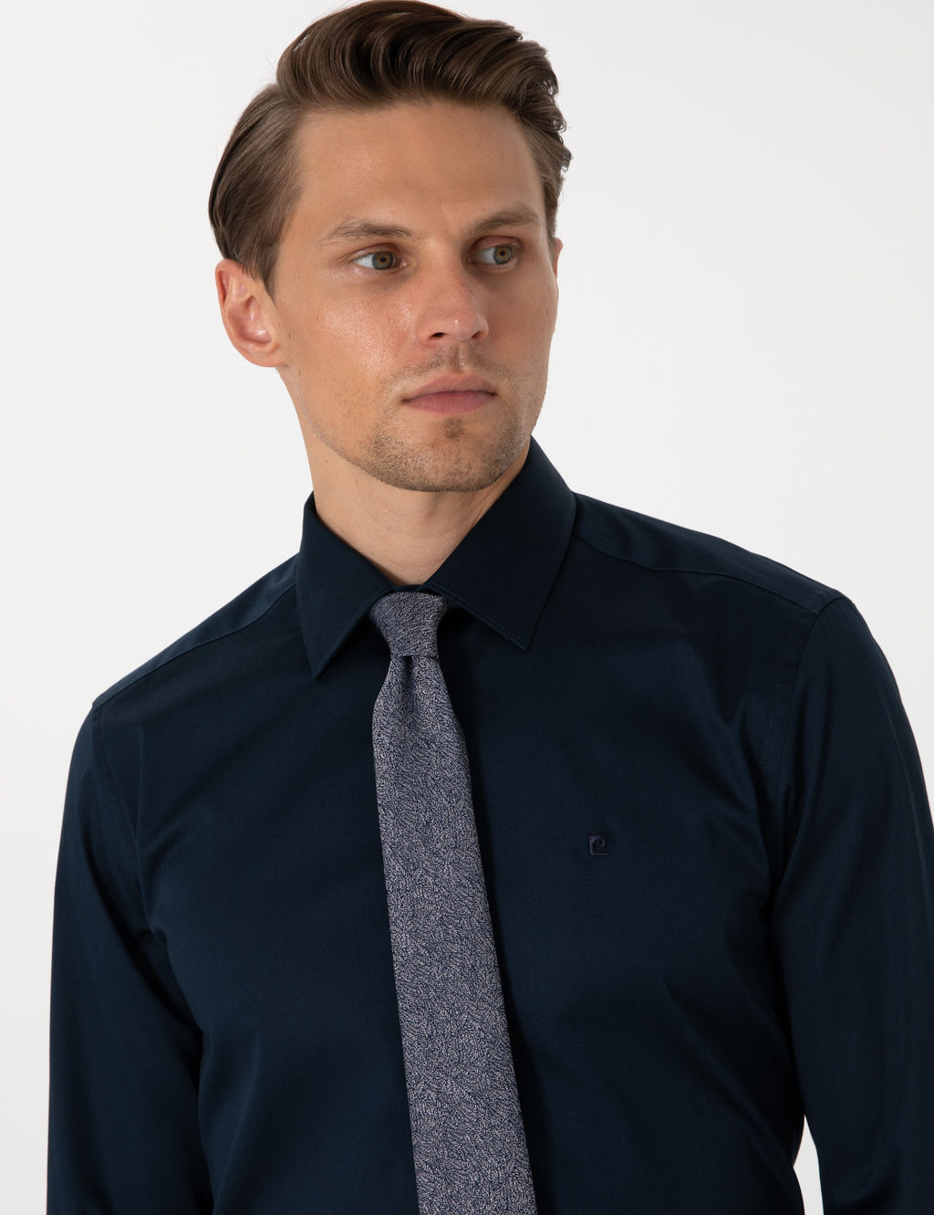 Lacivert %100 Pamuk Parlak Saten Slim Fit Uzun Kollu Basic G_mlek