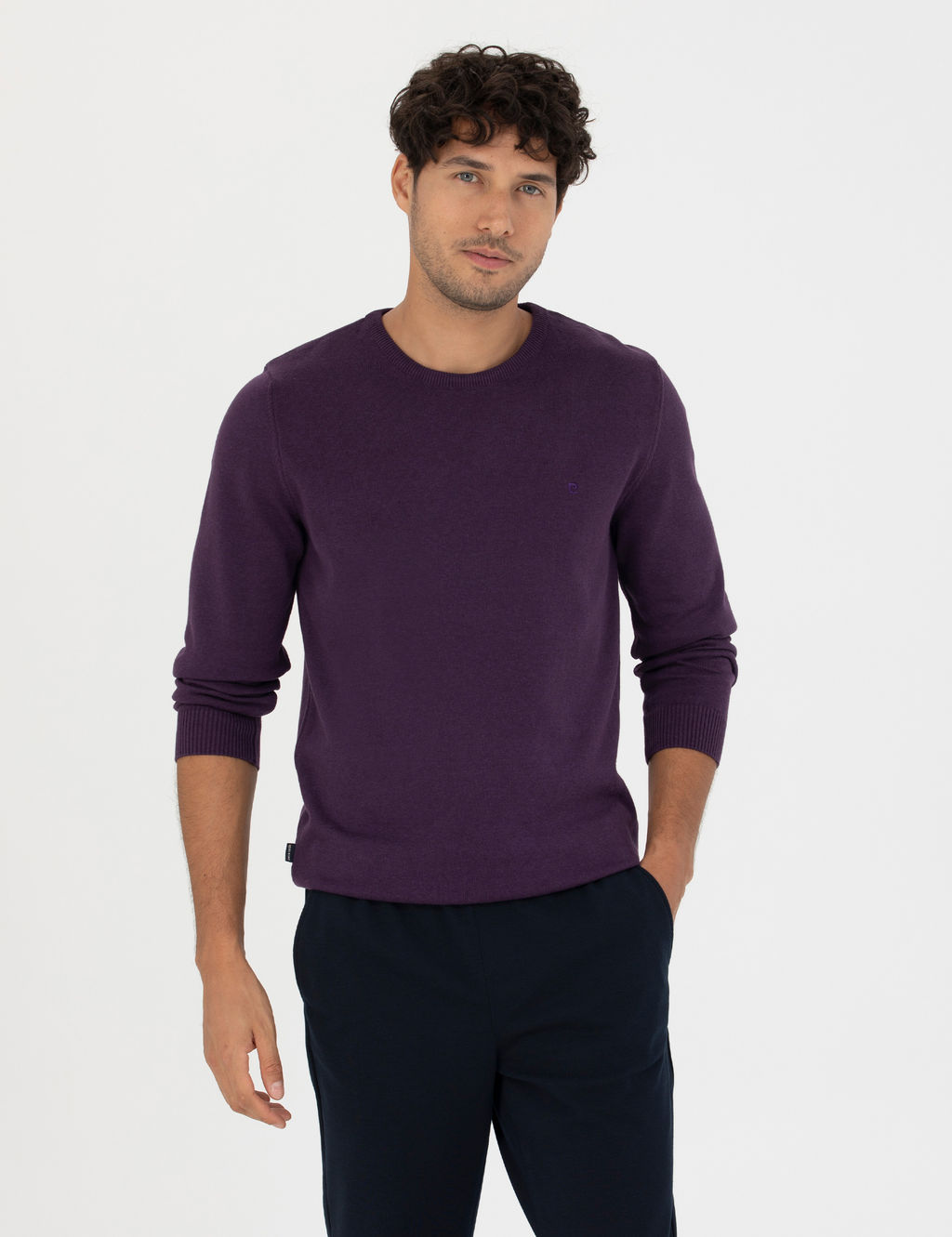 Mor Slim Fit Bisiklet Yaka Basic Triko Kazak