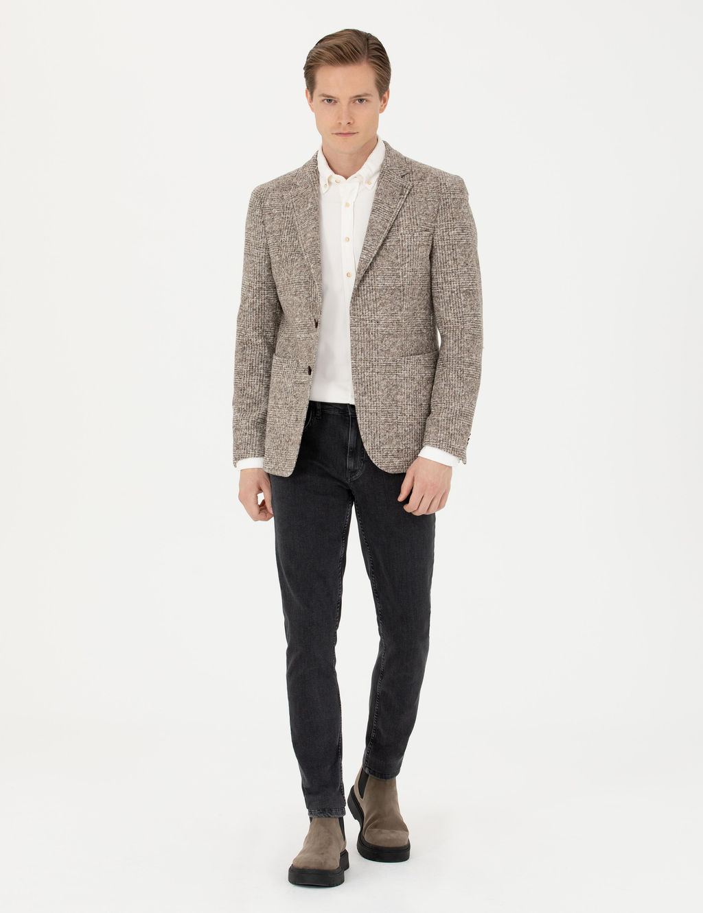 Бежевая приталенная куртка в клетку из смесовой шерсти - Cacharel фото 4