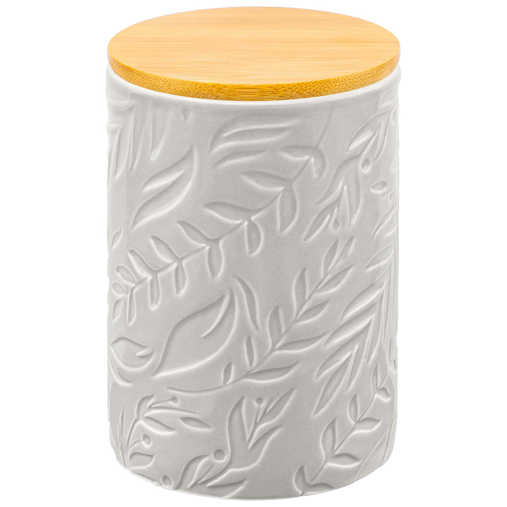 Банка д/хранения 750 мл 10*10*15 см с бамбуковой крышкой с сил. упл. светло-серая