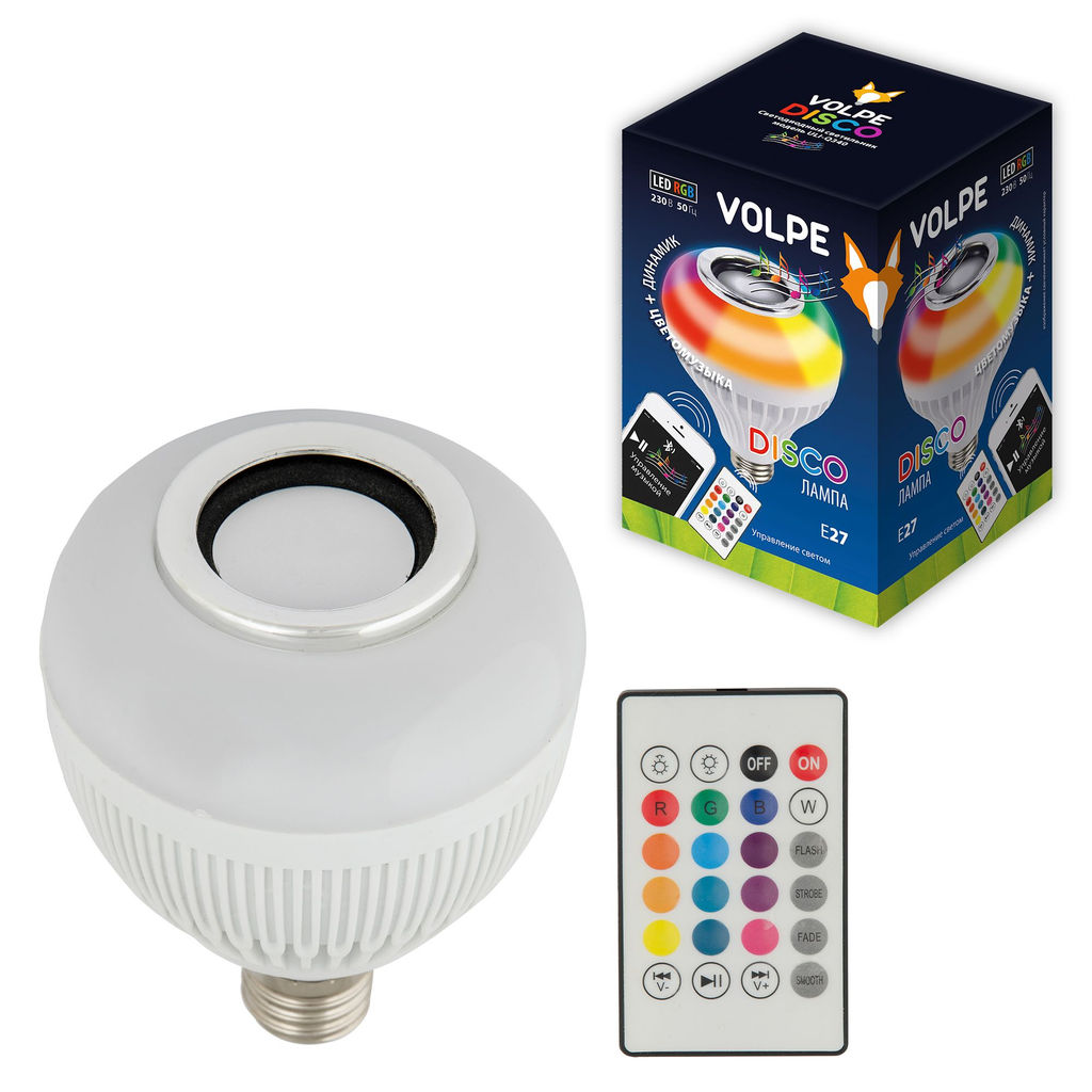 ULI-Q340 8W/RGB/E27 WHITE Светодиодный светильник Диско, с динамиком и Bluetooth. 220В. Белый. ТМ Volpe