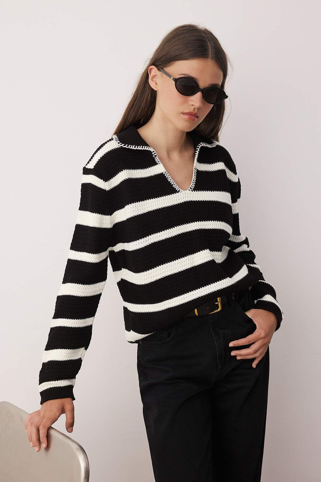 Siyah Pamuk Kar?s?ml? Genis Kal?p Triko Kazak TWOAW26KZ00014