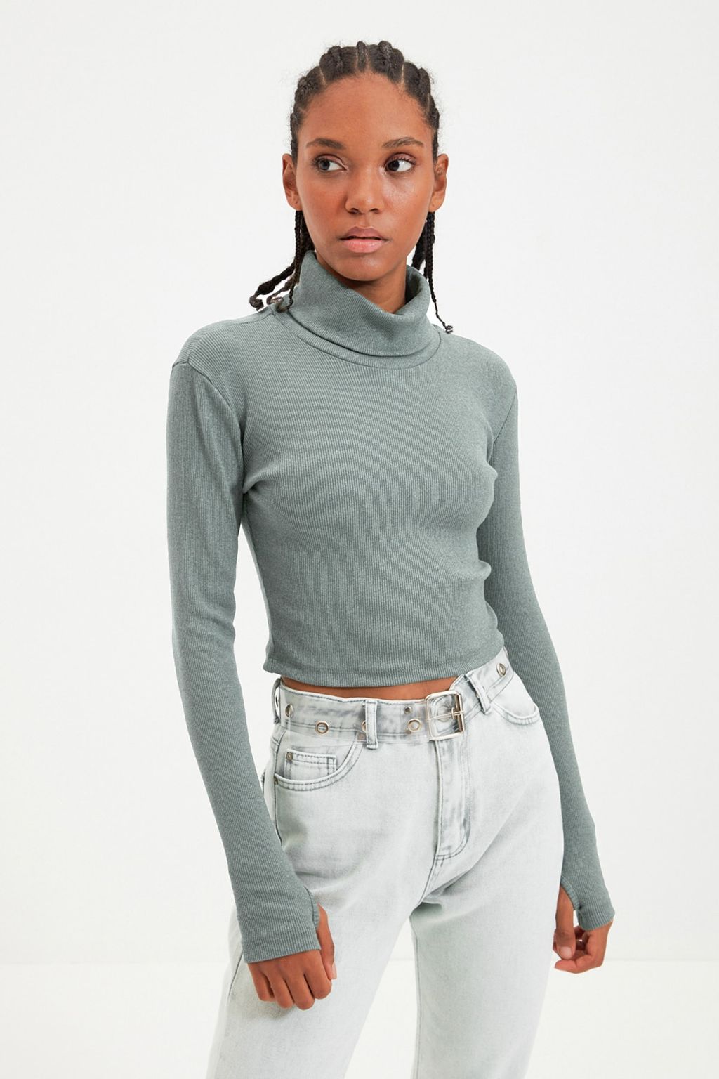 Koyu Mint Fitted/Vucuda Oturan Bal?kc? Yaka Parmak Detayl? Fitilli Esnek Orme Bluz TWOAW21BZ0071