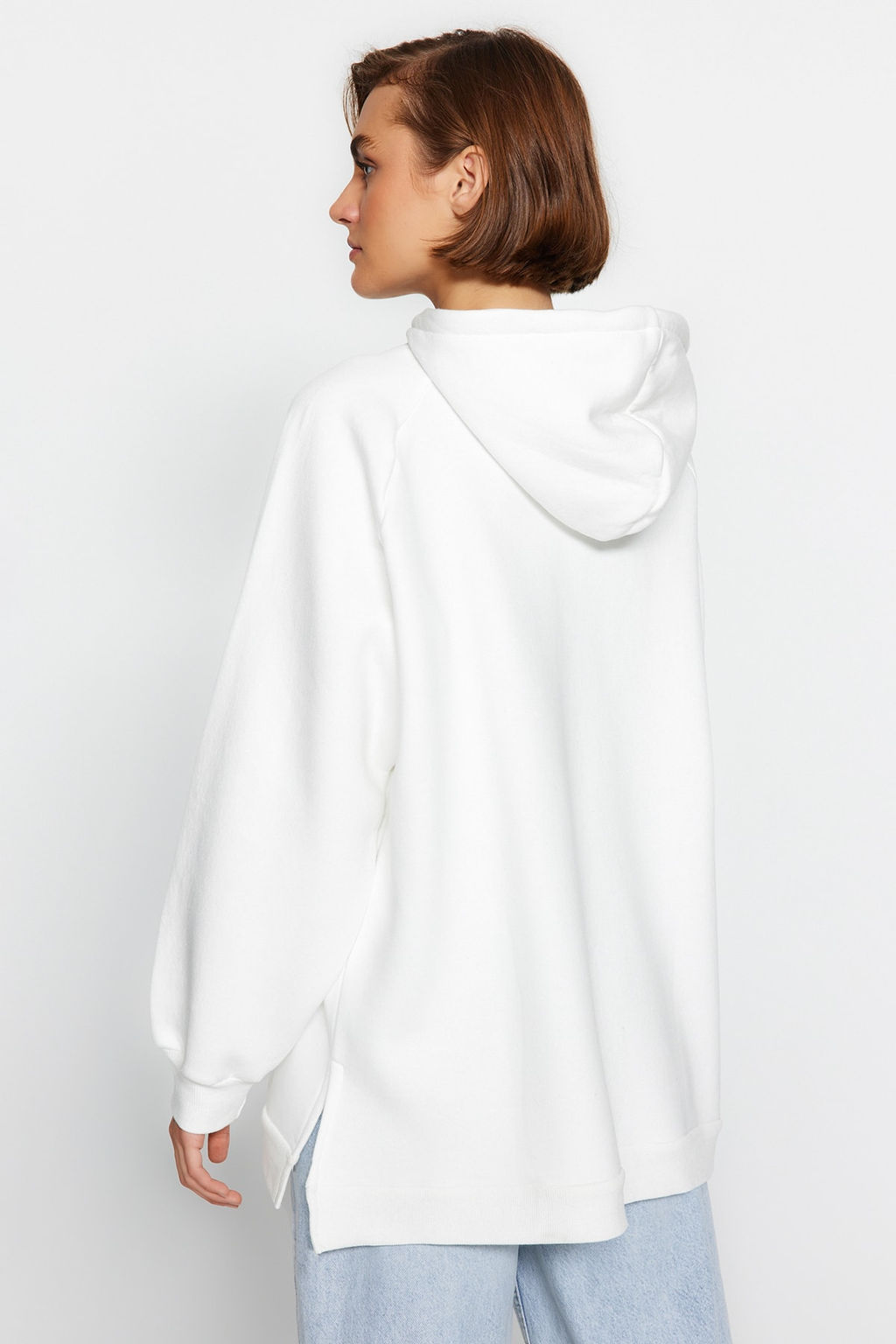 Ekru Kapusonlu Oversize Sardonlu Orme Sweatshirt