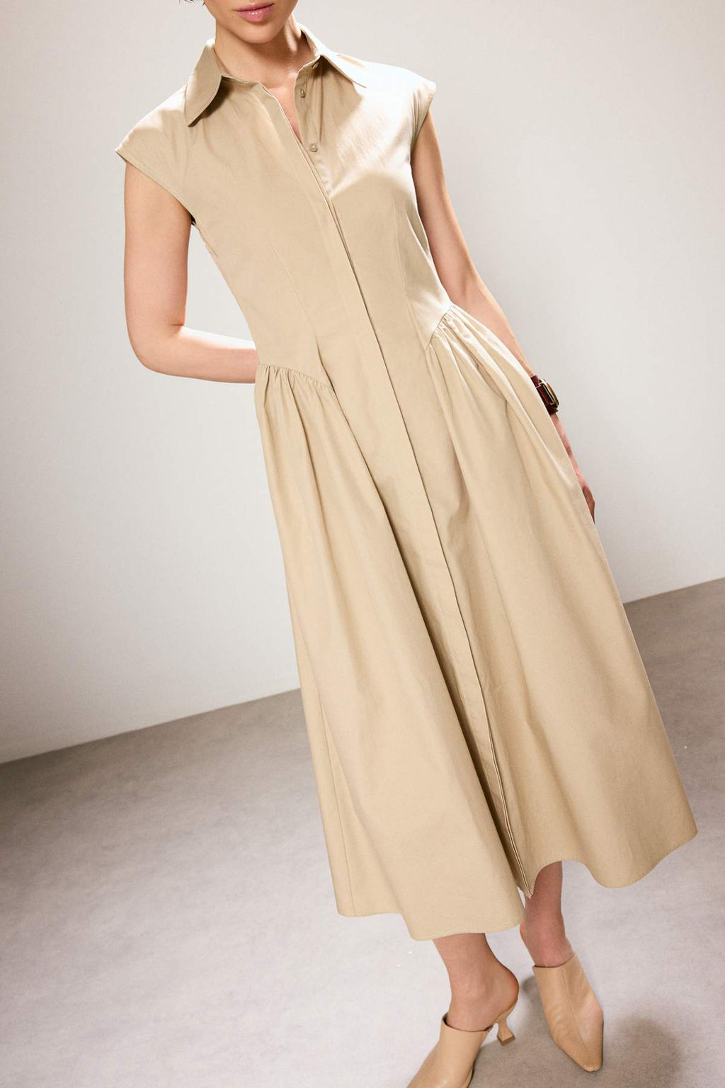 Bej Poplin Midi Studio Midi Dokuma Elbise TWOSS26EL00513 - Trendyolmilla фото 6