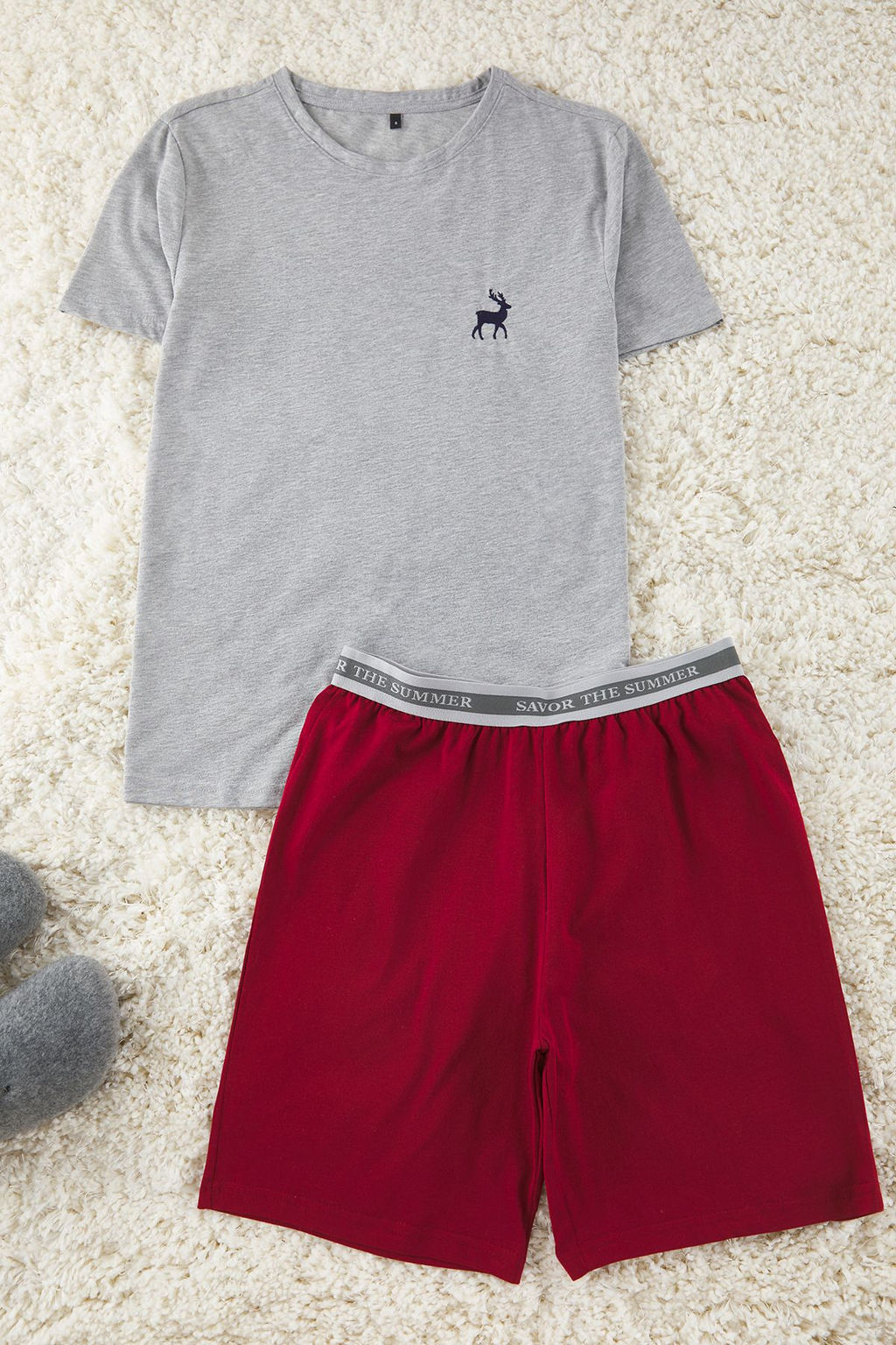 TRENDYOL MAN Gri melanj- Bordo Slim Fit Geyik Nak?sl? Sortlu Orme Pijama Tak?m? TMNSS25PT00070 - Trendyolmilla фото 4